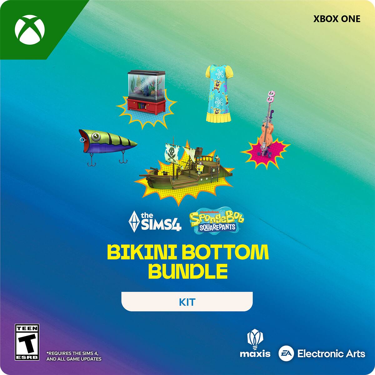 XBOX ONE  
the SIMS 4  
SpongeBob SQUAREPANTS  
BIKINI BOTTOM BUNDLE  
KIT  

*REQUIRES THE SIMS 4, ESRB AND ALL GAME UPDATES  
maxis  
Electronic Arts - T (Teen 13+)