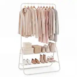 Costway - Heavy Duty Clothes Rack Metal Garment Rack with Hanging Rod and Storage Shelves - White