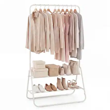 Front. Costway - Costway Heavy Duty Clothes Rack Metal Garment Rack with Hanging Rod and Storage Shelves - White.