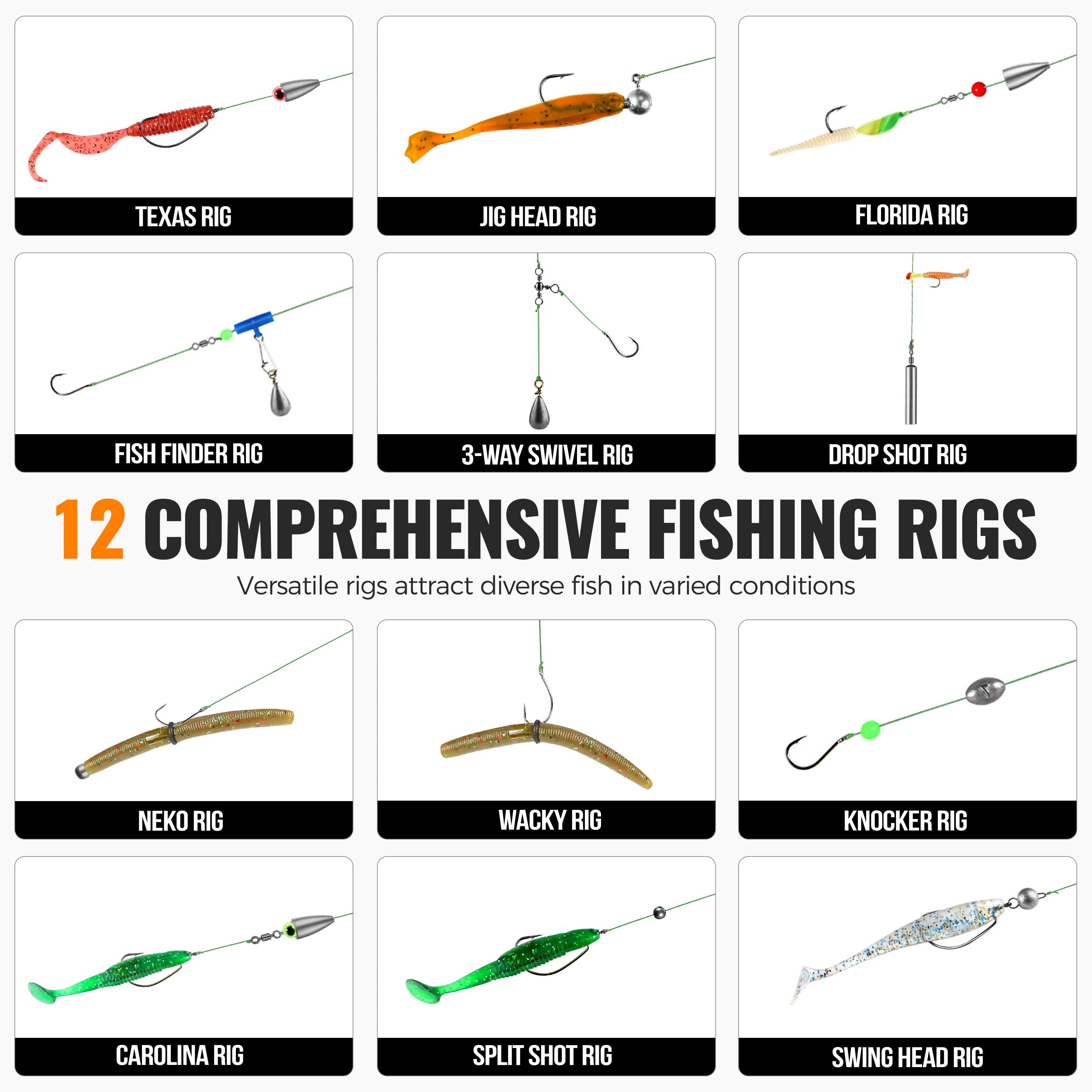 TEXAS RIG  
JIG HEAD RIG  
FLORIDA RIG  
FISH FINDER RIG  
3-WAY SWIVEL RIG  
DROP SHOT RIG  
NEKO RIG  
WACKY RIG  
KNOCKER RIG  
CAROLINA RIG  
SPLIT SHOT RIG  
SWING HEAD RIG  

12 COMPREHENSIVE FISHING RIGS  
Versatile rigs attract diverse fish in varied conditions