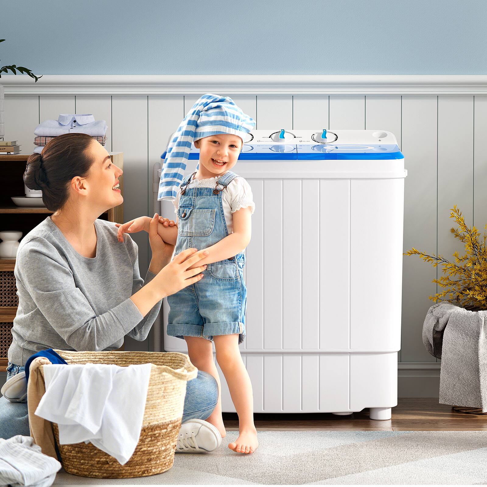Angle. Costway - Portable Washing Machine 17.6 lb. Twin Tub Laundry Washer with Drain Pump Blue - White and Blue.