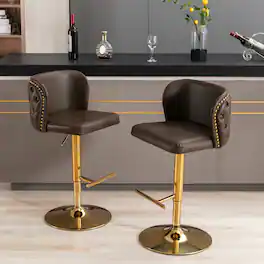 Trinkets Crazed - Swivel Barstools Set of 2, Adjusatble Seat Height with Gold-Plating Base, Classic PU Upholstered Bar Stools - Brown