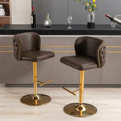 Front. Trinkets Crazed - Swivel Barstools Set of 2, Adjusatble Seat Height with Gold-Plating Base, Classic PU Upholstered Bar Stools - Brown.