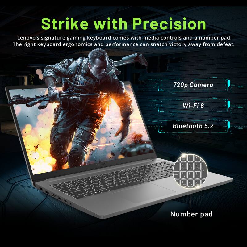 Strike with Precision  
Lenovo's signature gaming keyboard comes with media controls and a number pad. The right keyboard ergonomics and performance can snatch victory away from defeat.  

720p Camera  
Wi-Fi 6  
Bluetooth 5.2  

Number pad