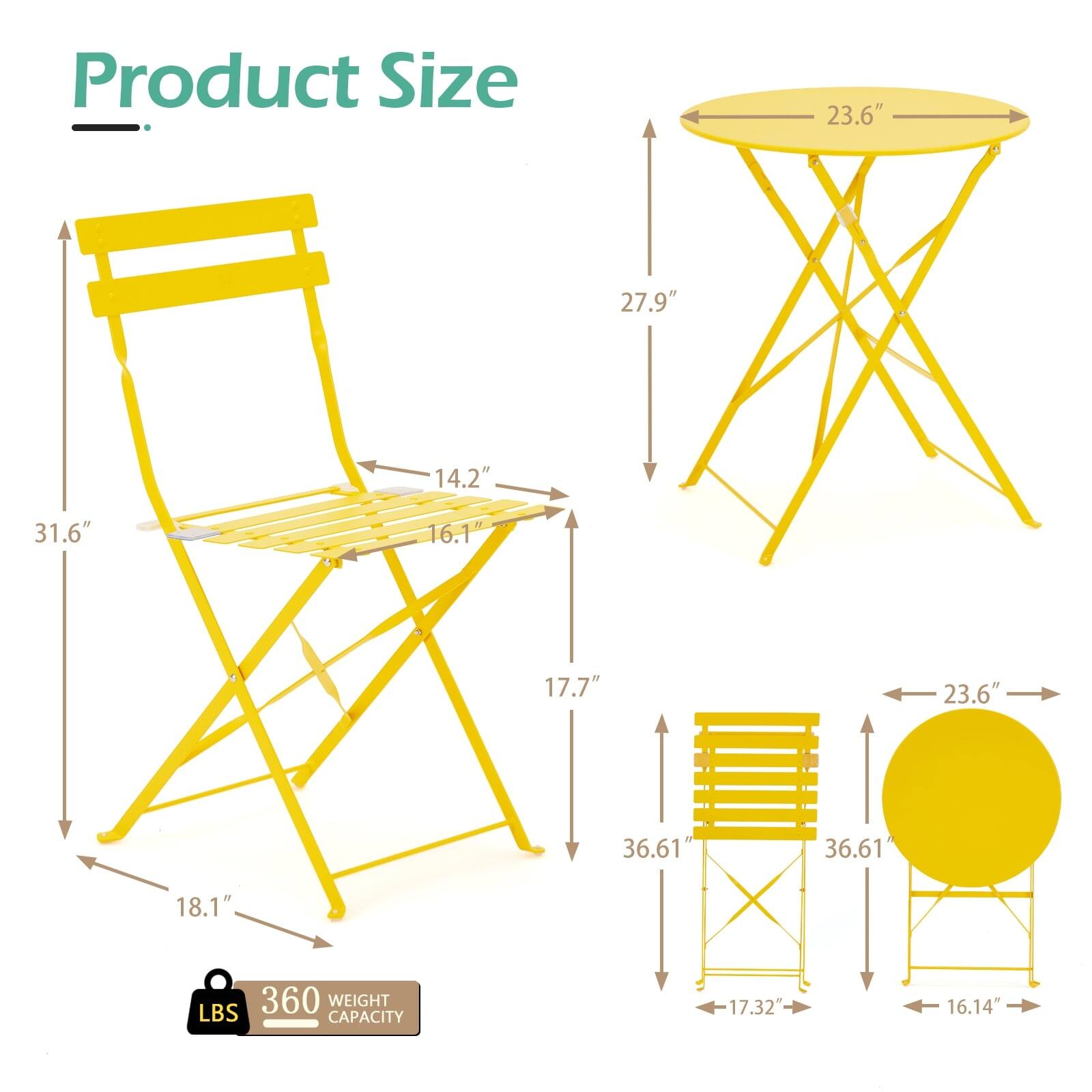 Product Size  
- 23.6"  
- 27.9"  
- 14.2"  
- 31.6"  
- 16.1"  
- 17.7"  
- 18.1"  
- 36.61"  
- 17.32"  
- 16.14"  

360 LBS WEIGHT CAPACITY