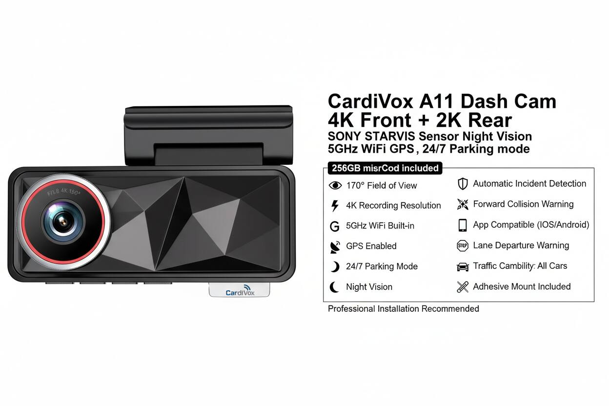 CardiVox A11 Dash Cam 4K Front + 2K Rear SONY STARVIS Sensor Night Vision 5GHz WiFi GPS, 24/7 Parking mode 256GB misrCod included

F/L8 4K 150
170 Field of View 4K Recording Resolution
Automatic Incident Detection Forward Collision Warning
5GHz WiFi Built-in
App Compatible (IOS/Android)
GPS Enabled
STOP Lane Departure Warning
24/7 Parking Mode
Traffic Cambility: All Cars
CardiVox
Night Vision
Adhesive Mount Included
Professional Installation Recommended