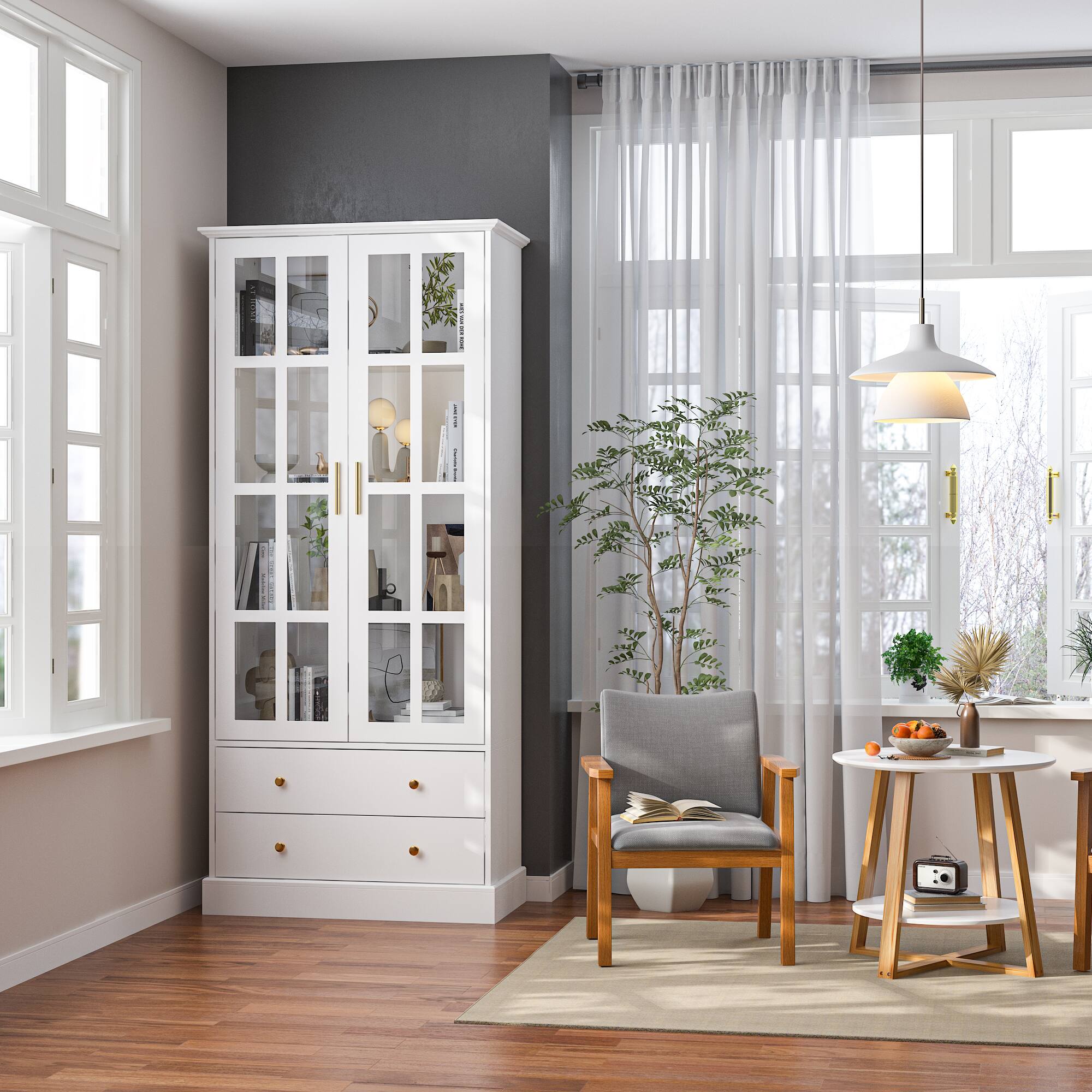 Alt View 4. FUFU & GAGA - Tempered Glass Display Cabinet with Metal Handles and Silent Drawers for Living Room or Study Storage - White.