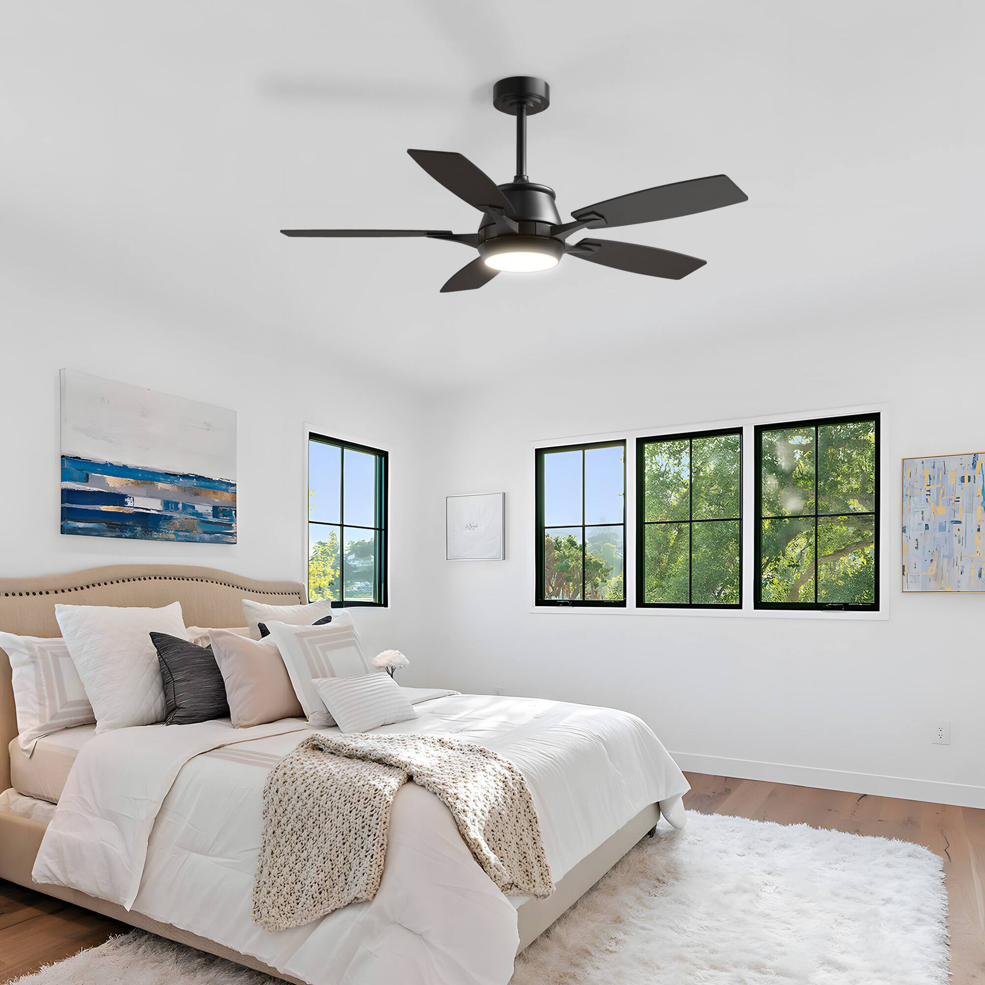 Angle. Siljoy - 52" Modern Low Profile Ceiling Fan with Light and APP/Remote,DC Reversible Motor,Dimmable LED for Bedroom/Living Room - Black.