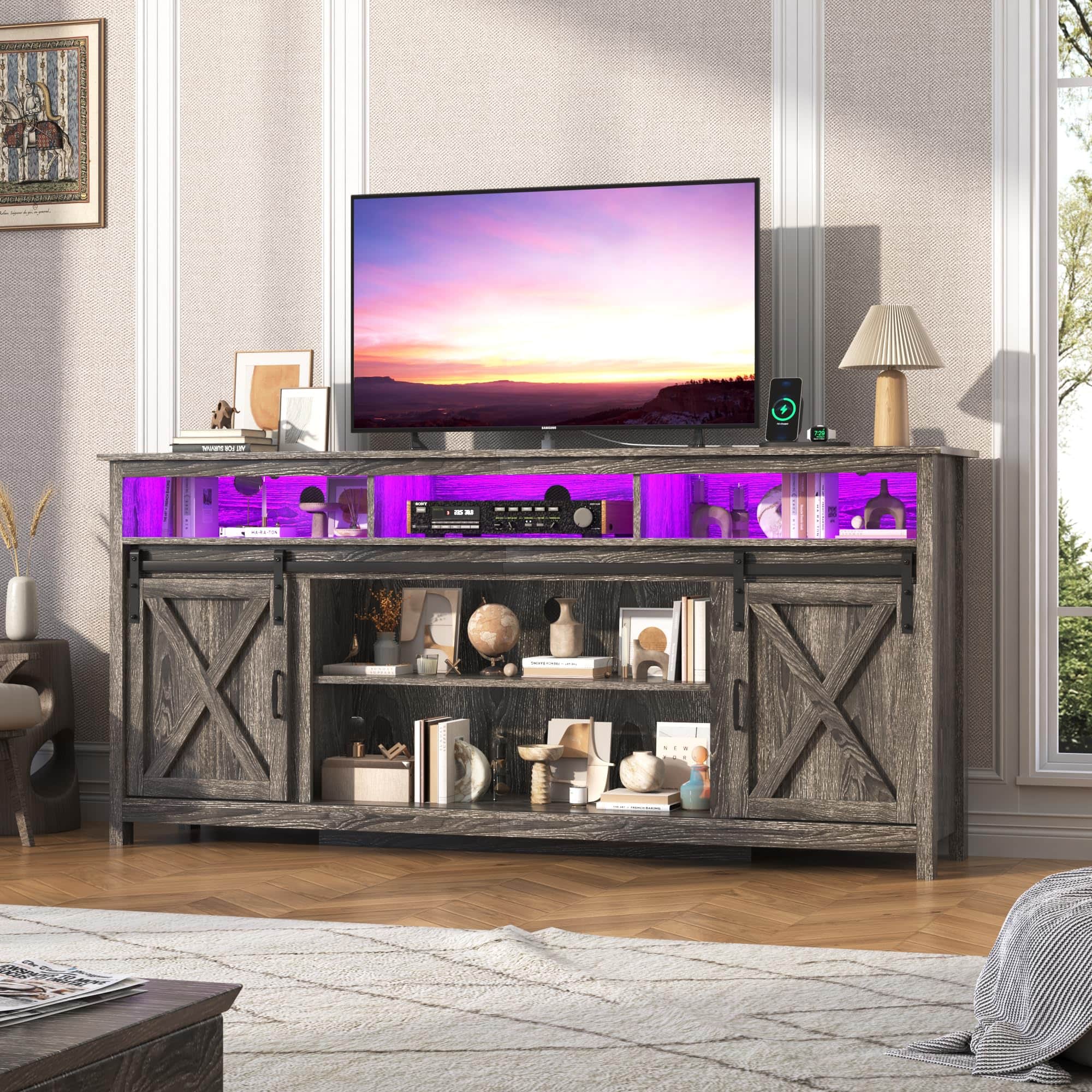 Espafurni - Farmhouse TV Stand for 80 inch TVs, Rustic Entertainment Center TV Cabinet Stands with Power Outlets and LED lights - Gray