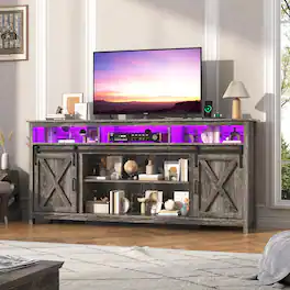 Espafurni - Farmhouse TV Stand for 80 inch TVs, Rustic Entertainment Center TV Cabinet Stands with Power Outlets and LED lights - Gray