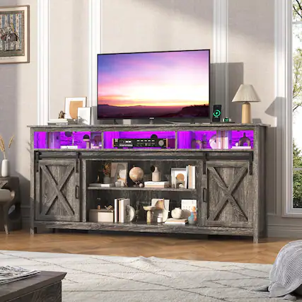 Front. Espafurni - Farmhouse TV Stand for 80 inch TVs, Rustic Entertainment Center TV Cabinet Stands with Power Outlets and LED lights - Gray.