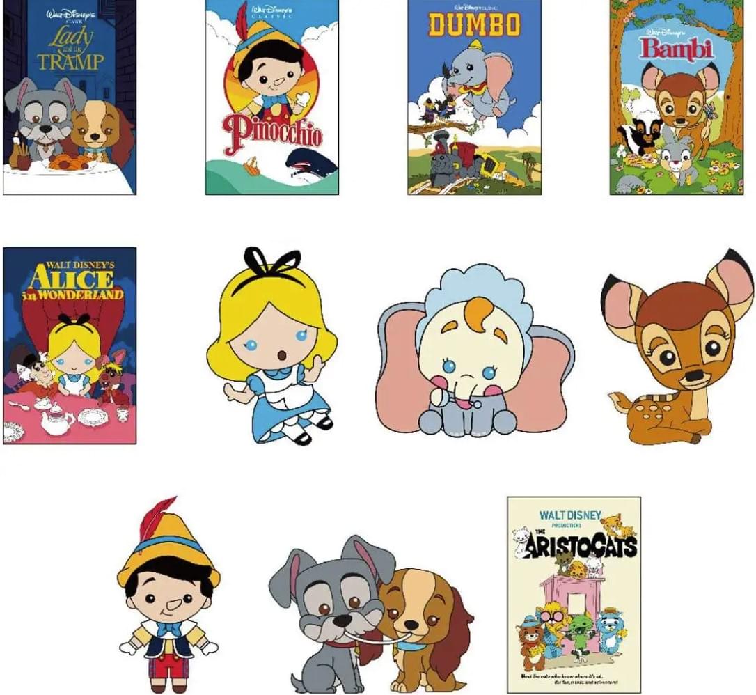 Sure, here is the corrected and grouped text from the image:

1. **Lady and the Tramp**
   - Walt Disney Productions

2. **Pinocchio**
   - Walt Disney Productions

3. **Dumbo**
   - Walt Disney Productions

4. **Bambi**
   - Walt Disney Productions

5. **Alice in Wonderland**
   - Walt Disney Productions

6. **The Aristocats**
   - Walt Disney Productions