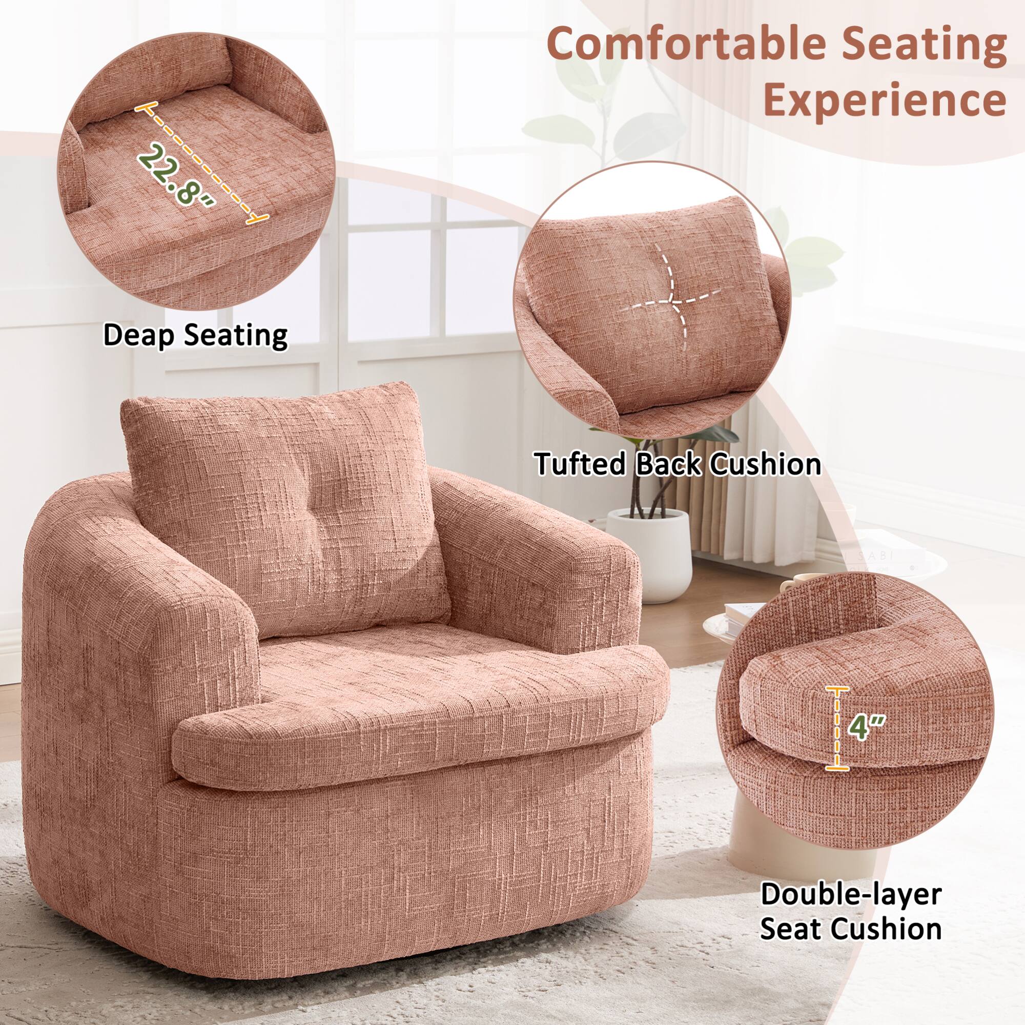 Comfortable Seating Experience

- Deep Seating: 22.8"
- Tufted Back Cushion
- Double-layer Seat Cushion: 4"