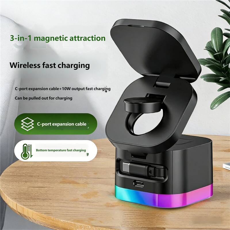 3-in-1 magnetic attraction  
Wireless fast charging  

C-port expansion cable + 10W output fast charging  
Can be pulled out for charging  

C-port expansion cable  
Bottom temperature fast charging