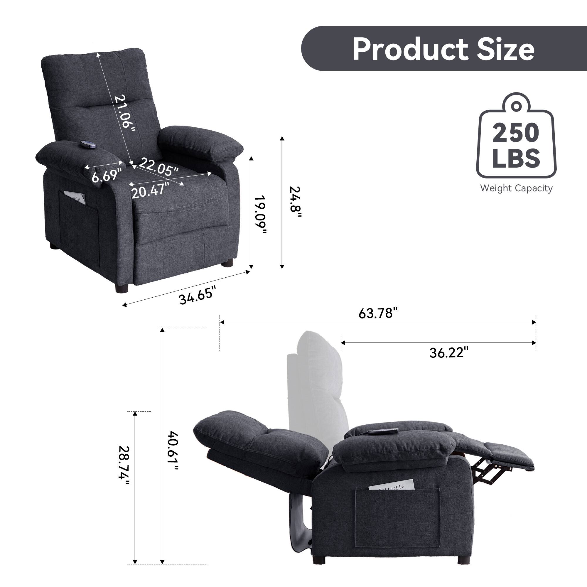 - Product Size
  - 21.06" (Height)
  - 22.05" (Width)
  - 20.47" (Depth)
  - 19.09" (Armrest Height)
  - 24.8" (Seat Height)
  - 34.65" (Seat Depth)
  - 63.78" (Overall Width)
  - 36.22" (Overall Depth)
  - 28.74" (Back Height)
  - 40.61" (Overall Height)
- Weight Capacity: 250 LBS
