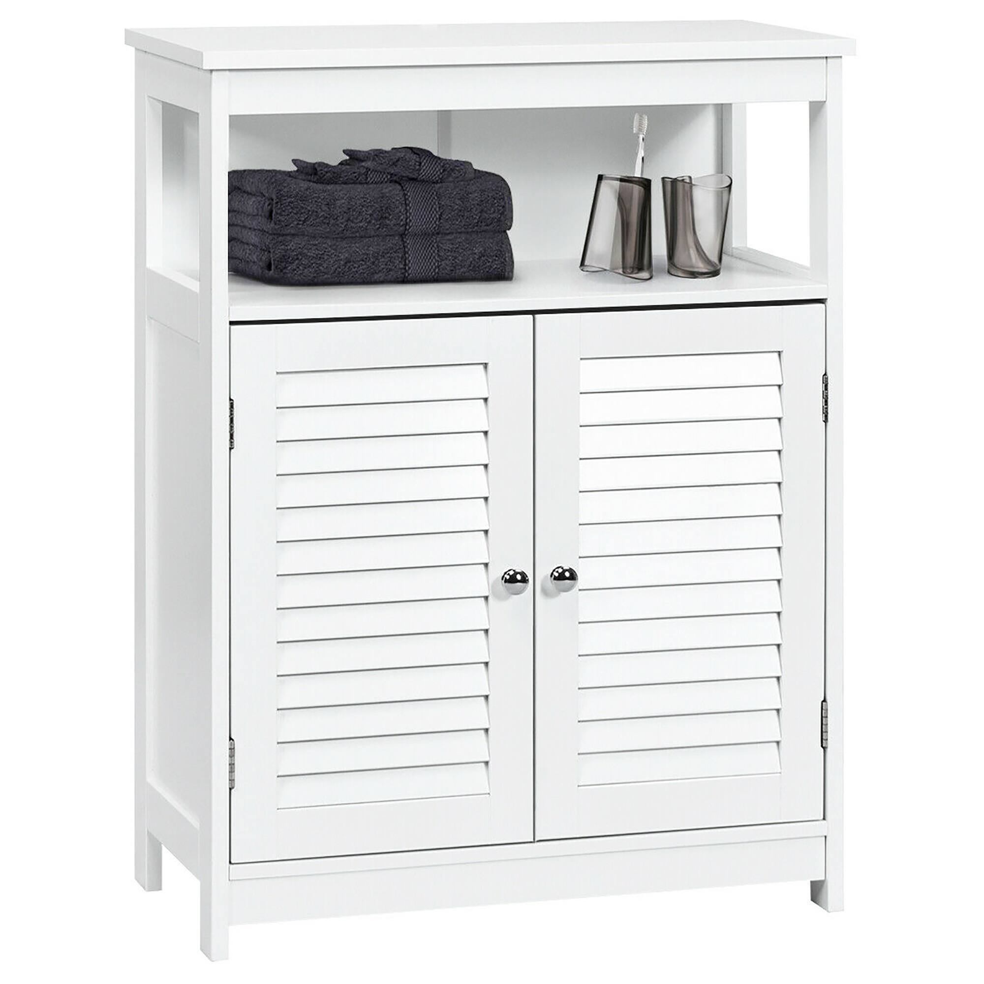 Costway - Bathroom Storage Wood Floor Cabinet with Double Shutter Door - White