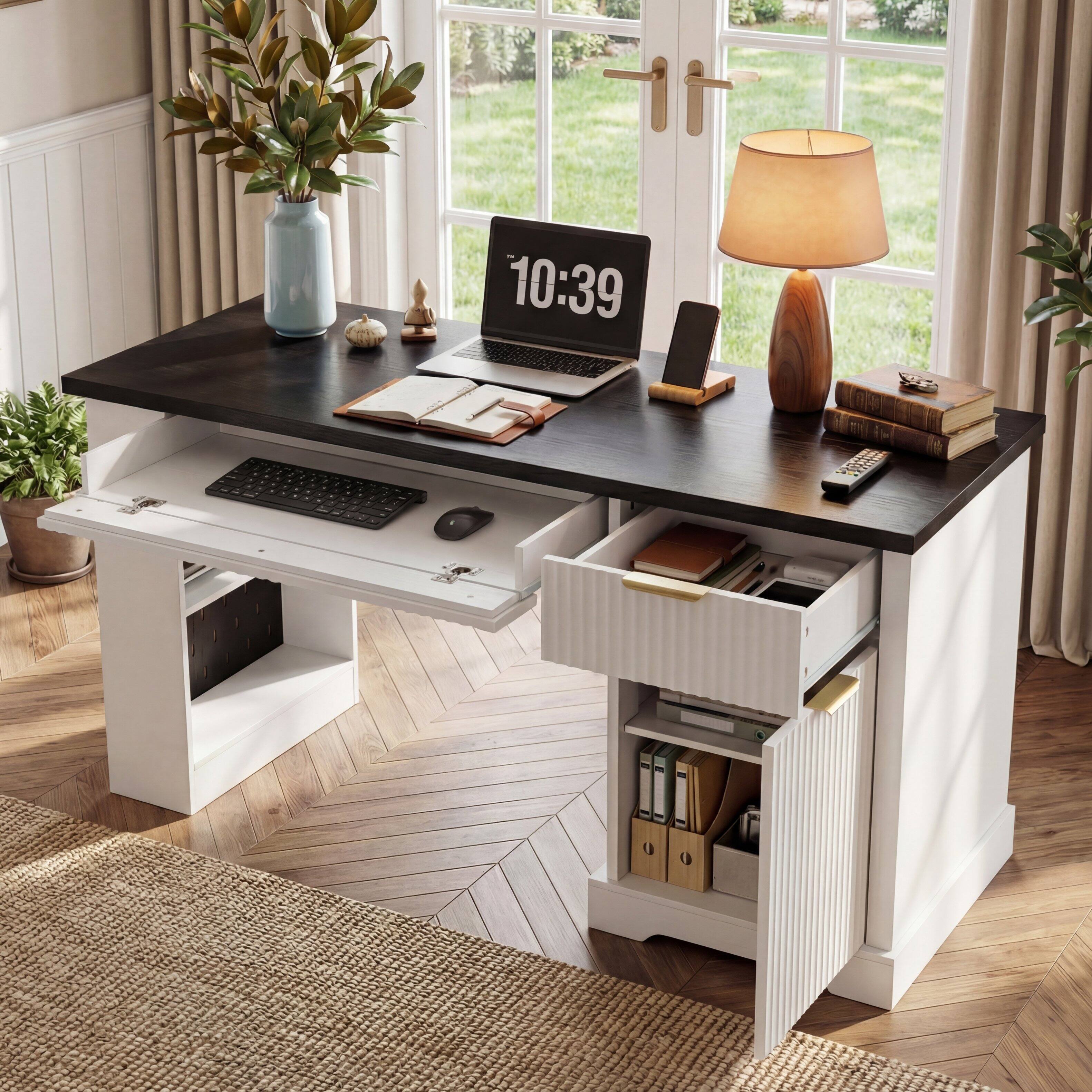Alt View 1. Loheer - Loheer Office Desk with Storage, White Modern Fluted Writing Desk with Power Outlet, Pegboard, Shelves - White.