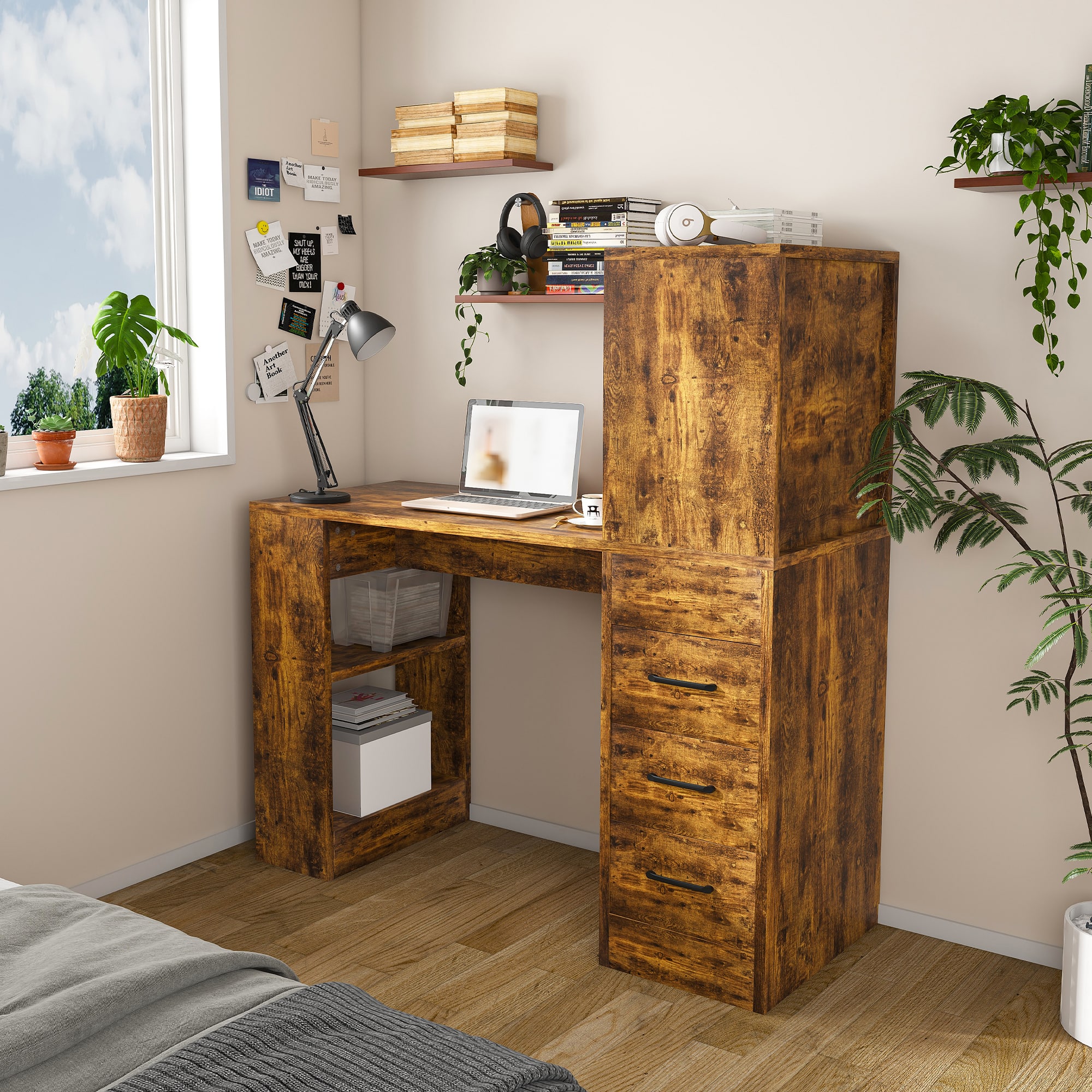 PexFix - Computer Desk with Power Outlets & 3 Drawers, 47" Modern Desk with 4-Tier Storage Shelves for Home Office & Study - Brown