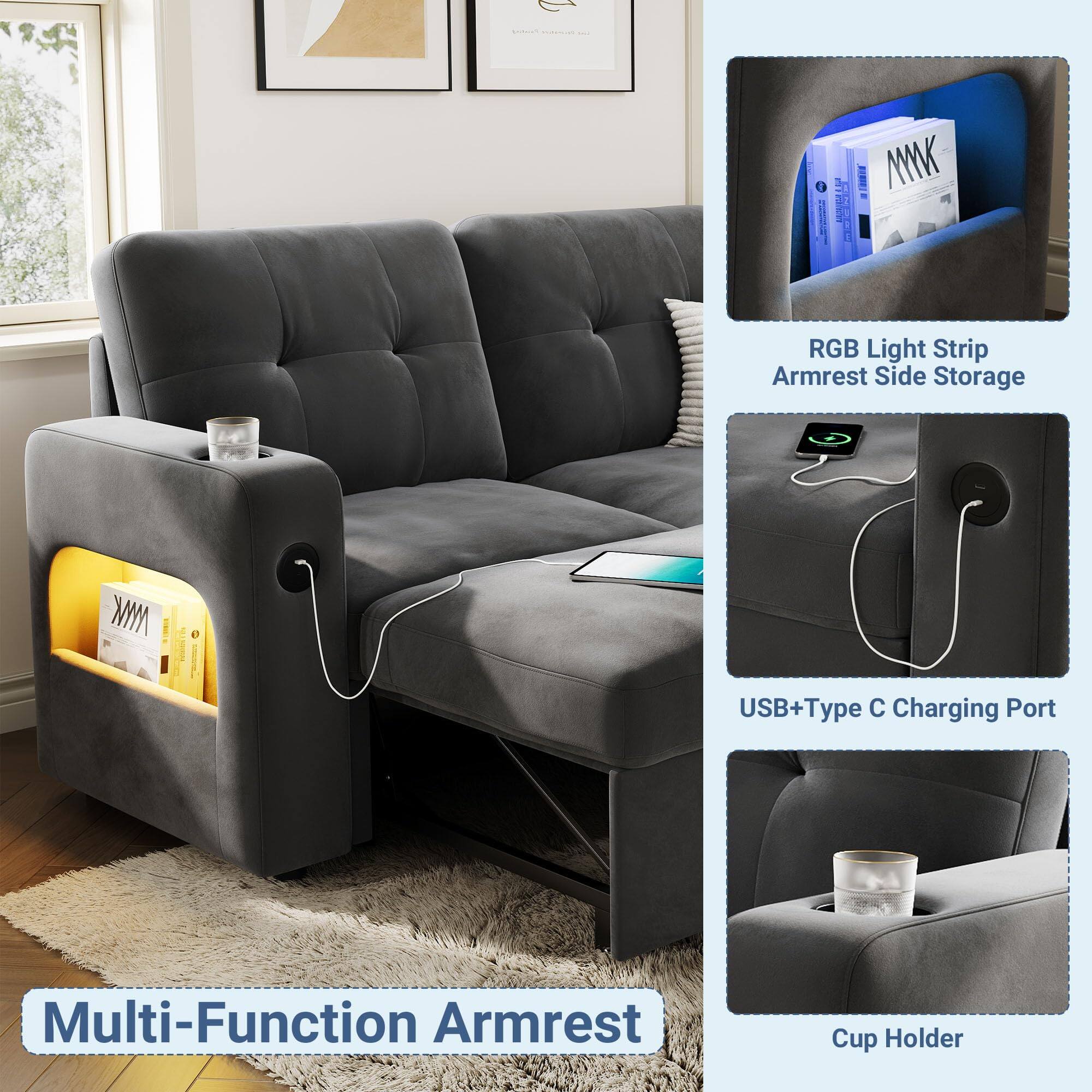 Multi-Function Armrest

- RGB Light Strip
- Armrest Side Storage
- USB+Type C Charging Port
- Cup Holder