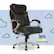 The image features a black leather office chair with a Serta logo on the side. The chair is placed on a wheeled base, and there are two clouds in the background. The Serta logo is prominently displayed, emphasizing the comfort and quality of the chair.