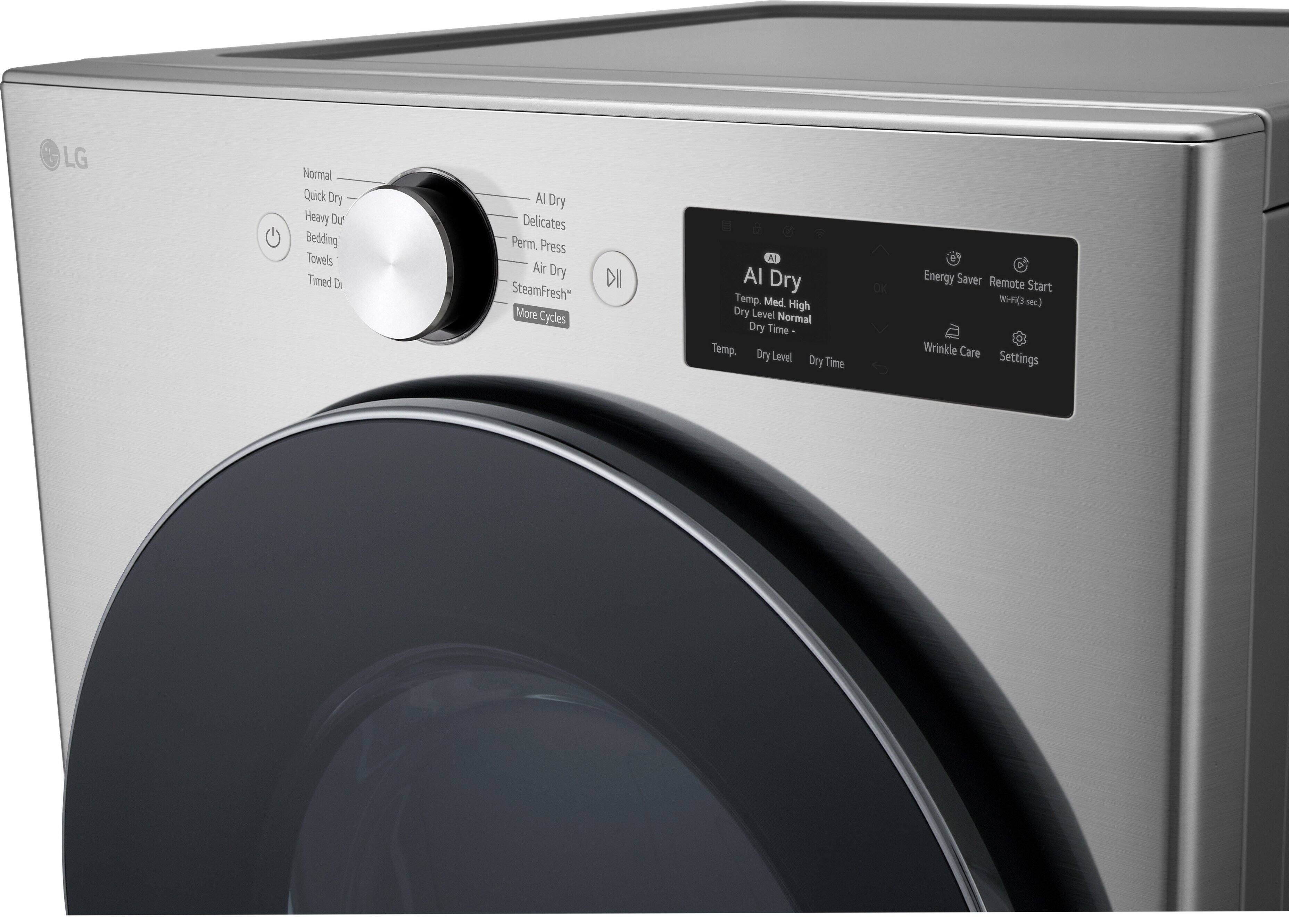 LG

Normal  
Quick Dry  
Heavy Du  
Bedding  
Towels  
Timed Di  

AI Dry  
Delicates  
Perm. Press  
Air Dry  
SteamFresh®  
More Cycles  

AI Dry  
Temp. Med. High  
Dry Level Normal  
Dry Time  

Energy Saver  
Remote Start  
Wi-Fi (sec.)  

Wrinkle Care  
Settings  

Temp.  
Dry Level  
Dry Time  

OK