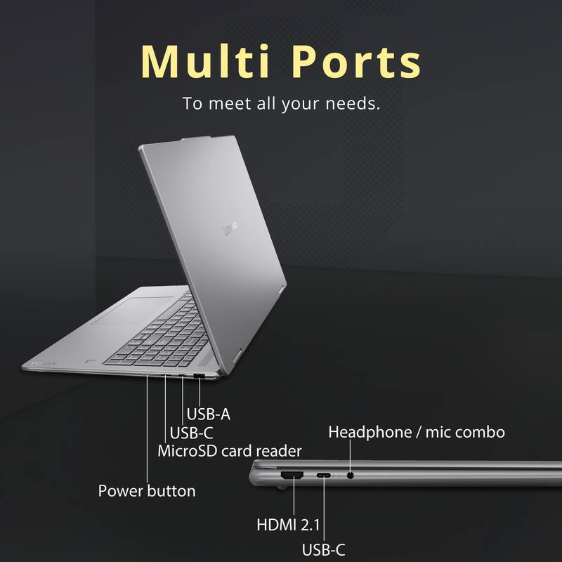 Multi Ports To meet all your needs.

YOOA
USB-A USB-C Headphone/mic combo MicroSD card reader
Power button
HDMI 2.1 USB-C