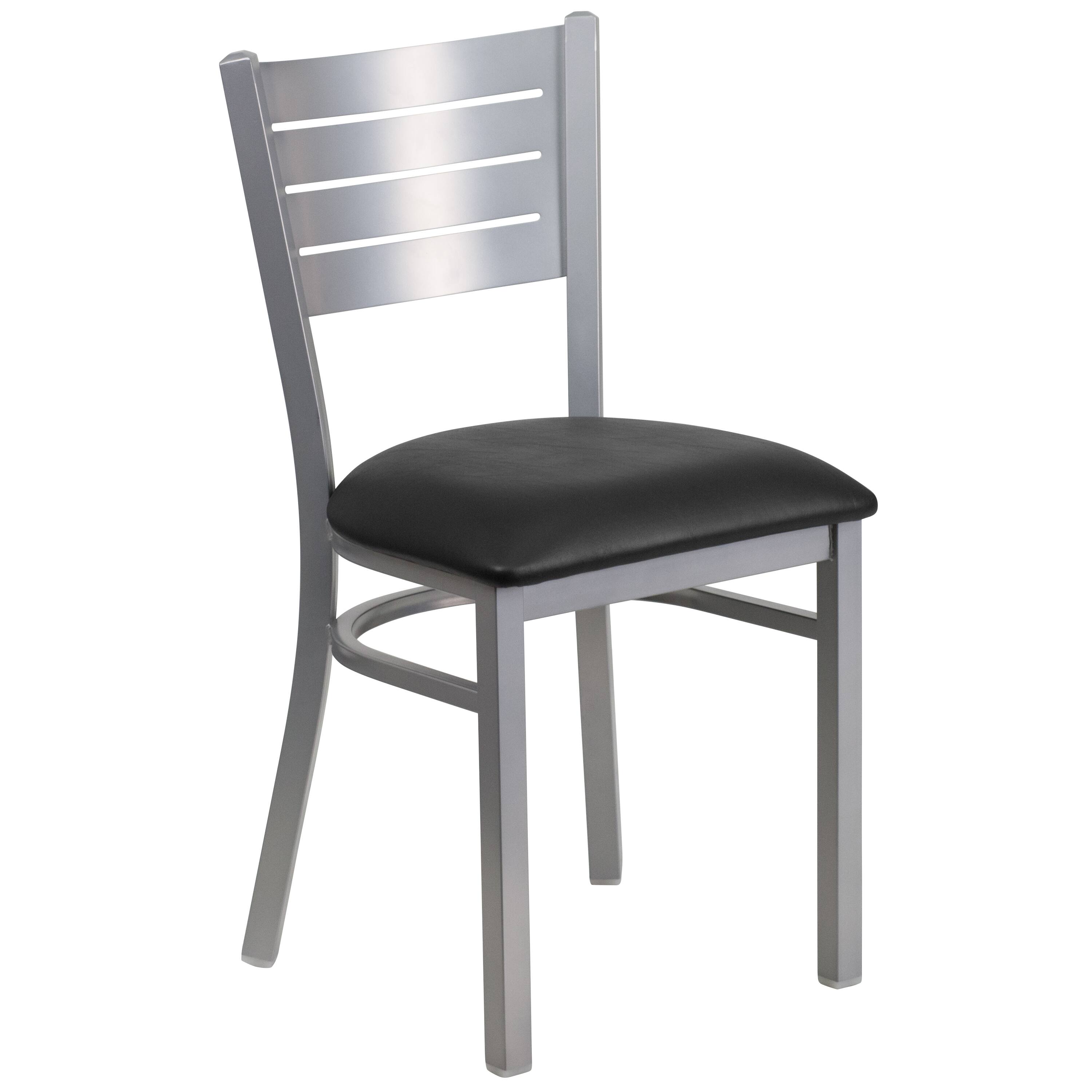 Alt View 7. Emma + Oliver - 2 Pack Silver Slat Back Metal Restaurant Chair - Black Vinyl Seat/Silver Frame.