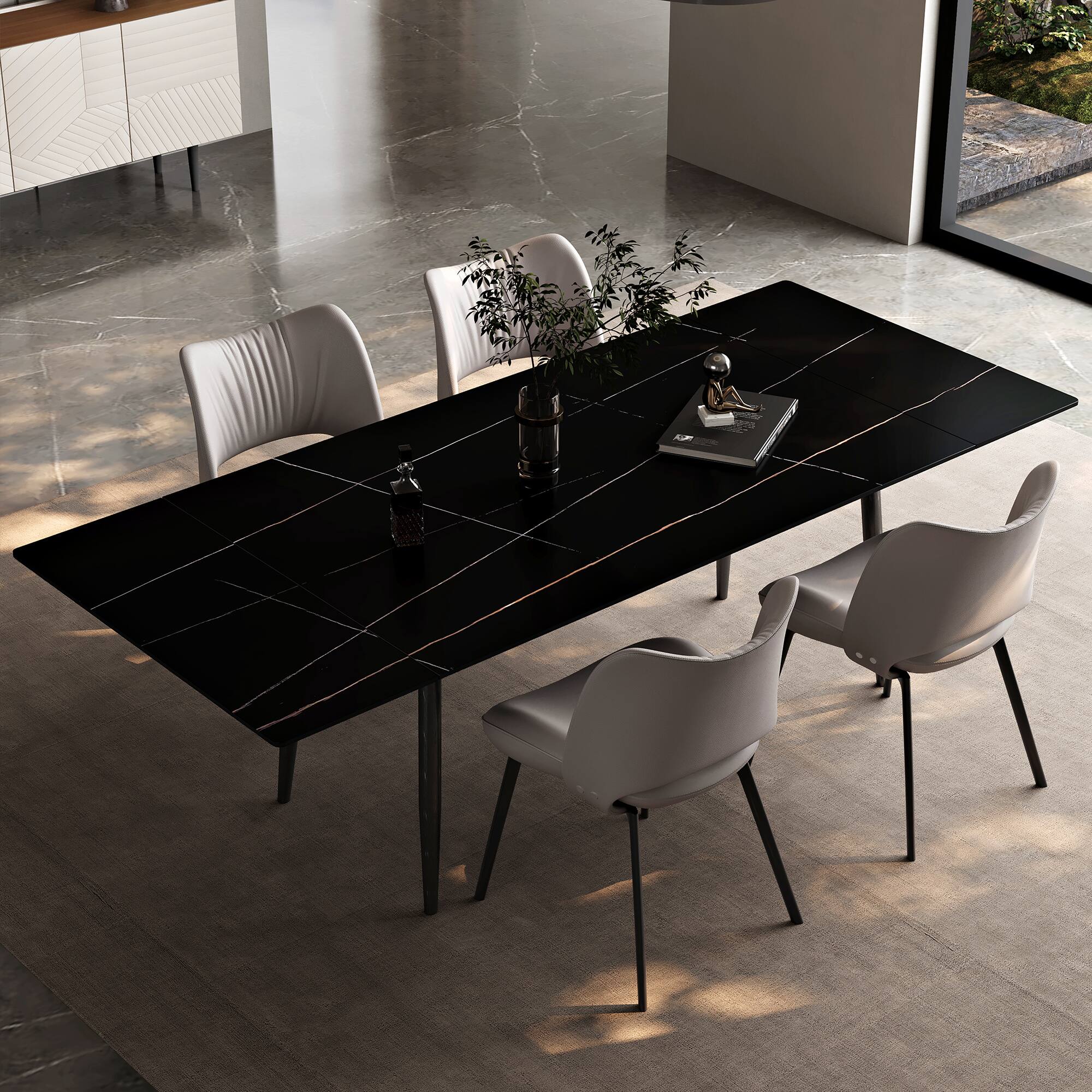 Alt View 3. luck idea - 94.4" Retractable Sintered Stone Dining Table, Seats 8 - 10 People,Modern Mid-Century Kitchen Dinner Tables - Black Gold.