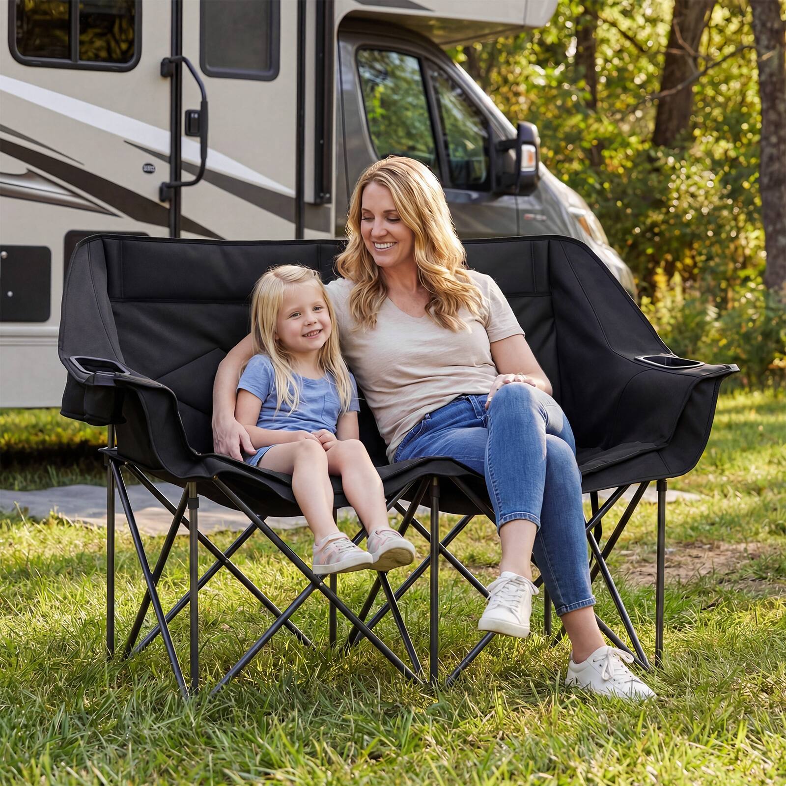 Alt View 7. Gymax - Gymax Double Camping Chair w/ Cup Holders Glass Racks & Mesh Pockets Carry Bag Black - Black.