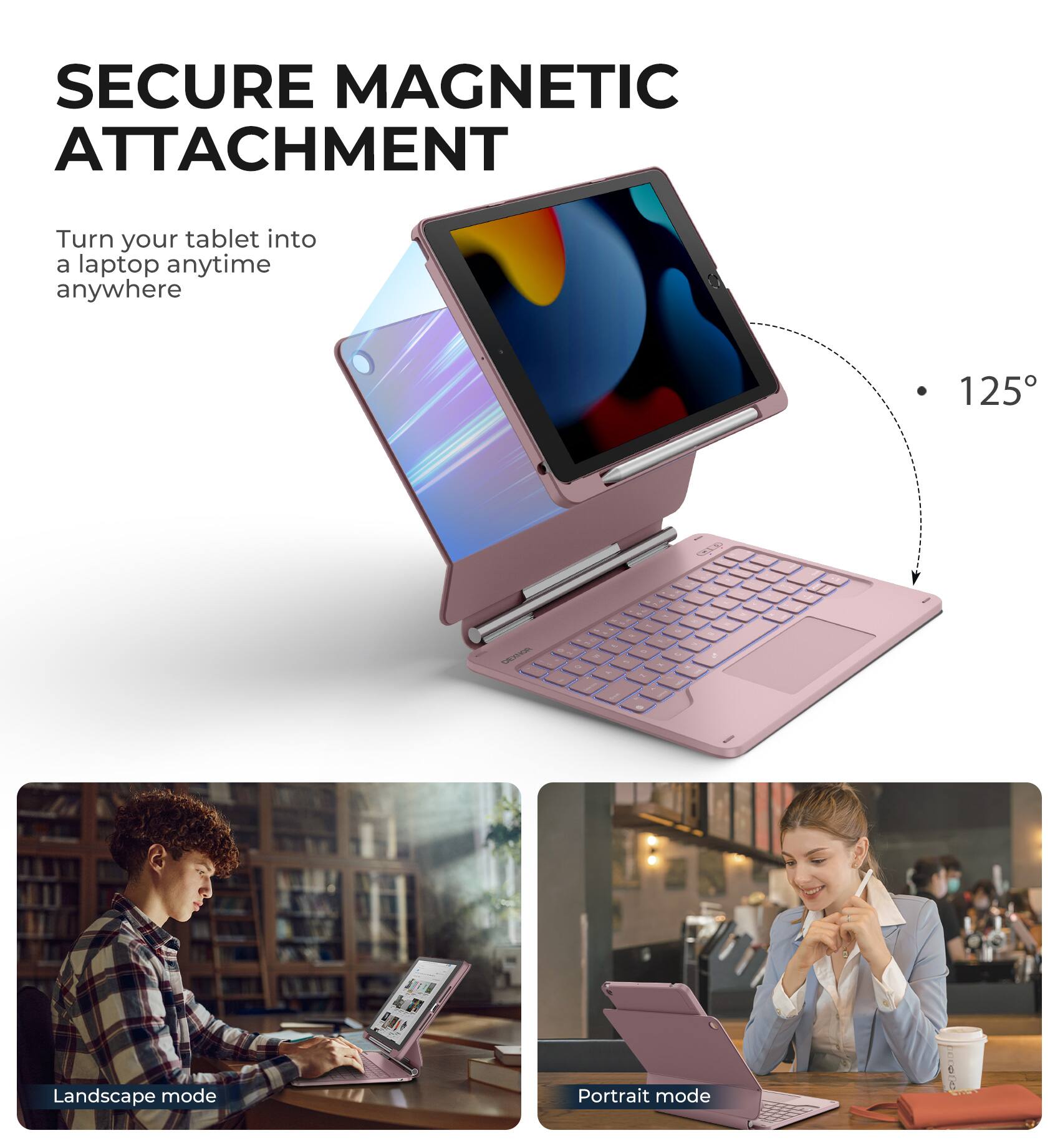 SECURE MAGNETIC ATTACHMENT  
Turn your tablet into a laptop anytime anywhere  

125°  

Landscape mode  
Portrait mode