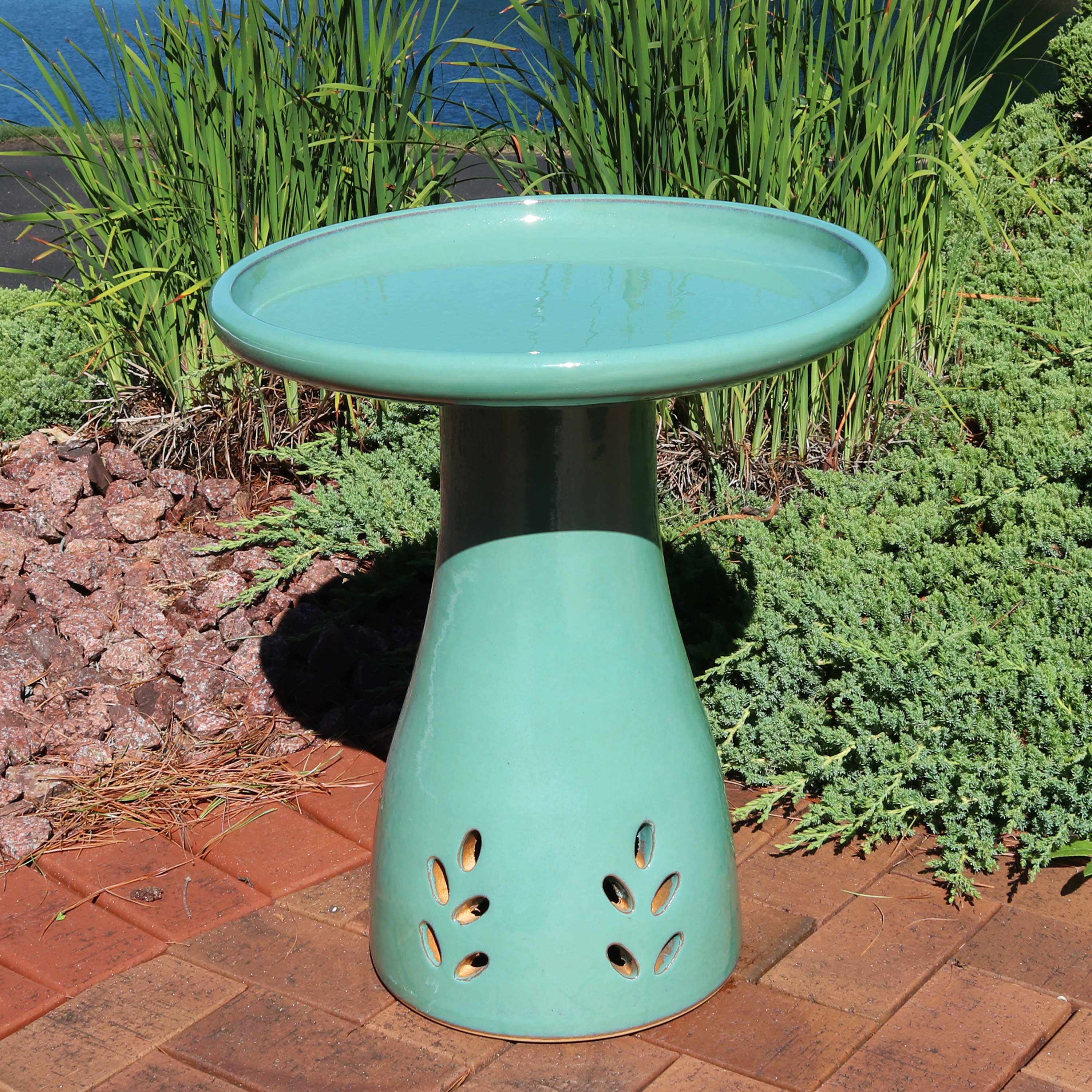Alt View 5. Sunnydaze - Classic Outdoor Cut-Out Ceramic Bird Bath - 20.5 in - Seafoam.