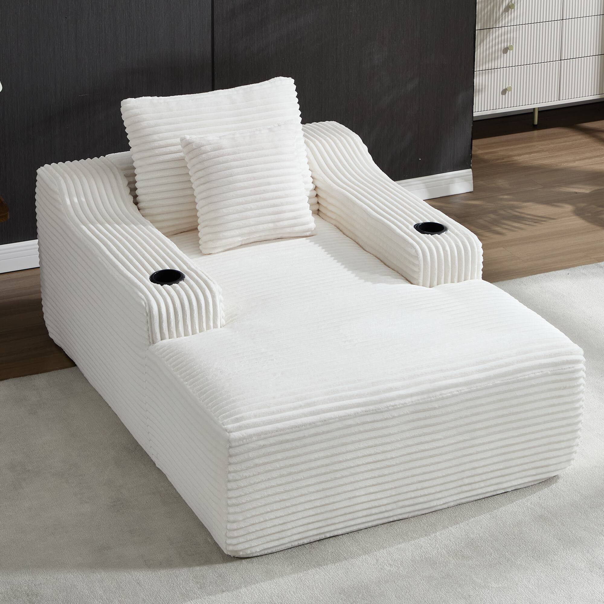 Front. COWLOWN - 67in Chaise Lounge Chair 9.9in Wide Armrest Indoor Corduroy Oversized Sleeper Sofa Deep Seat Two Soft Pillows White - White.