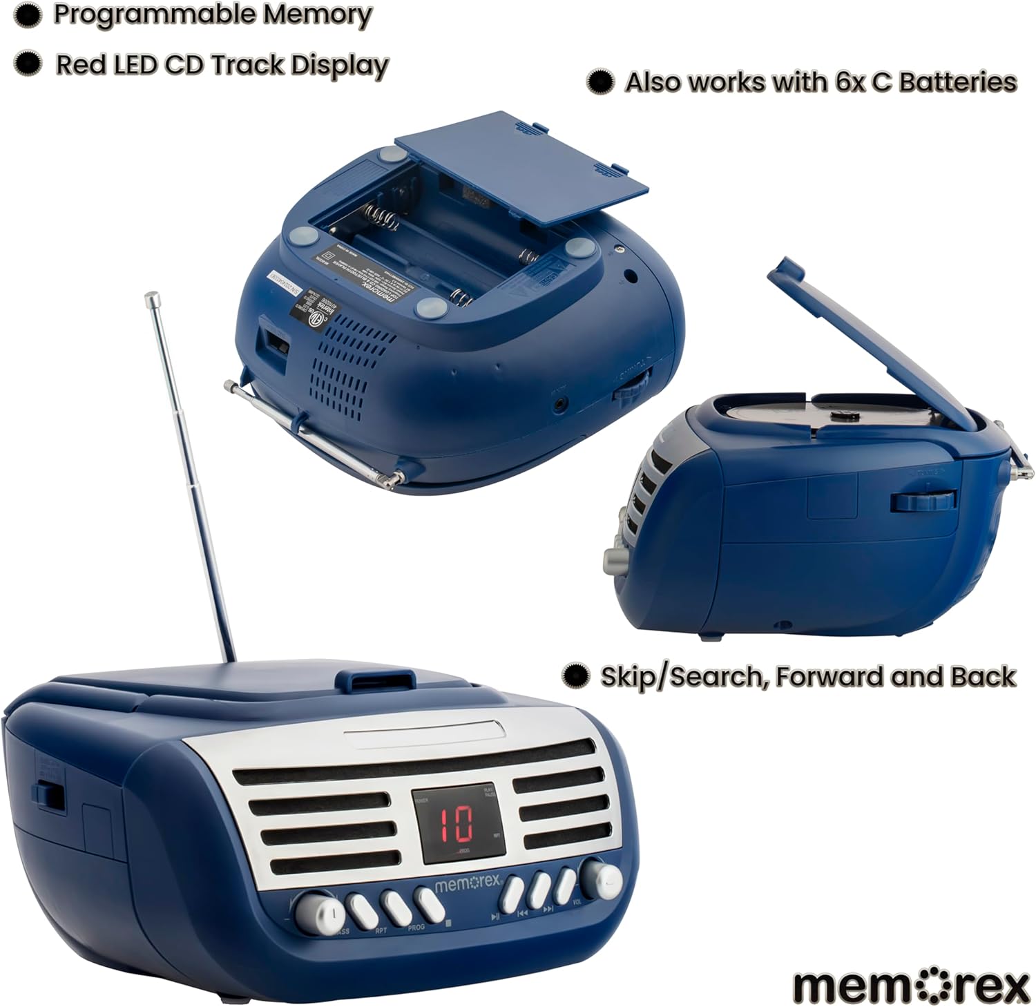 Programmable Memory, Red LED CD Track Display, Also works with 6x C Batteries, Skip/Search, Forward and Back, 10 memorex. H 1 1 Face I mem rex