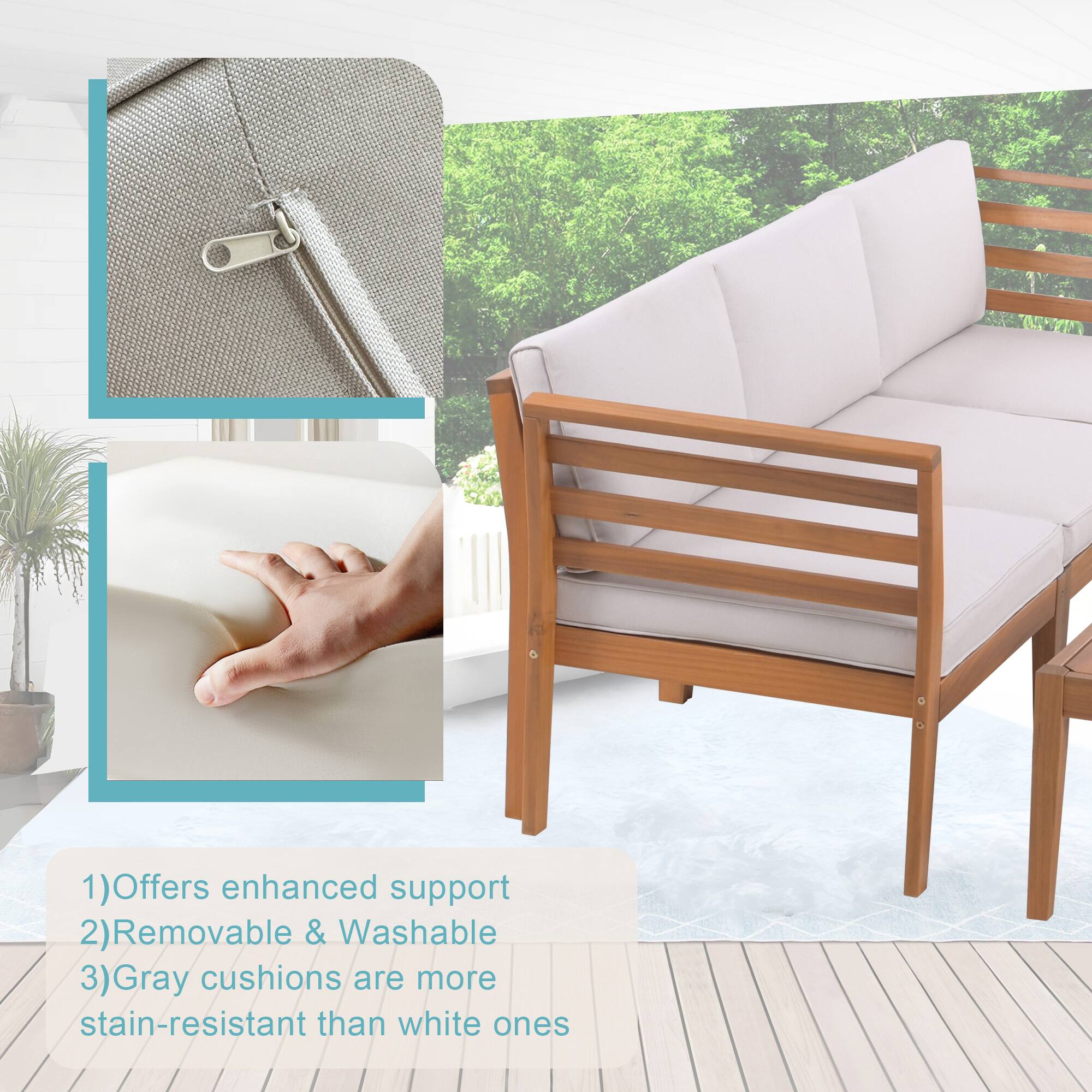 1) Offers enhanced support  
2) Removable & Washable  
3) Gray cushions are more stain-resistant than white ones