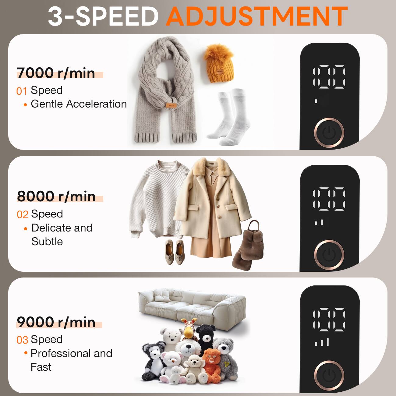 3-SPEED ADJUSTMENT

7000 r/min  
01 Speed  
- Gentle Acceleration

8000 r/min  
02 Speed  
- Delicate and Subtle

9000 r/min  
03 Speed  
- Professional and Fast