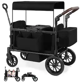 Wisairt - 2-Seater Wagon Stroller for Kids with Tray, Side Entry, Canopy, 5-Point Harness, Push & Pull Handles - Black