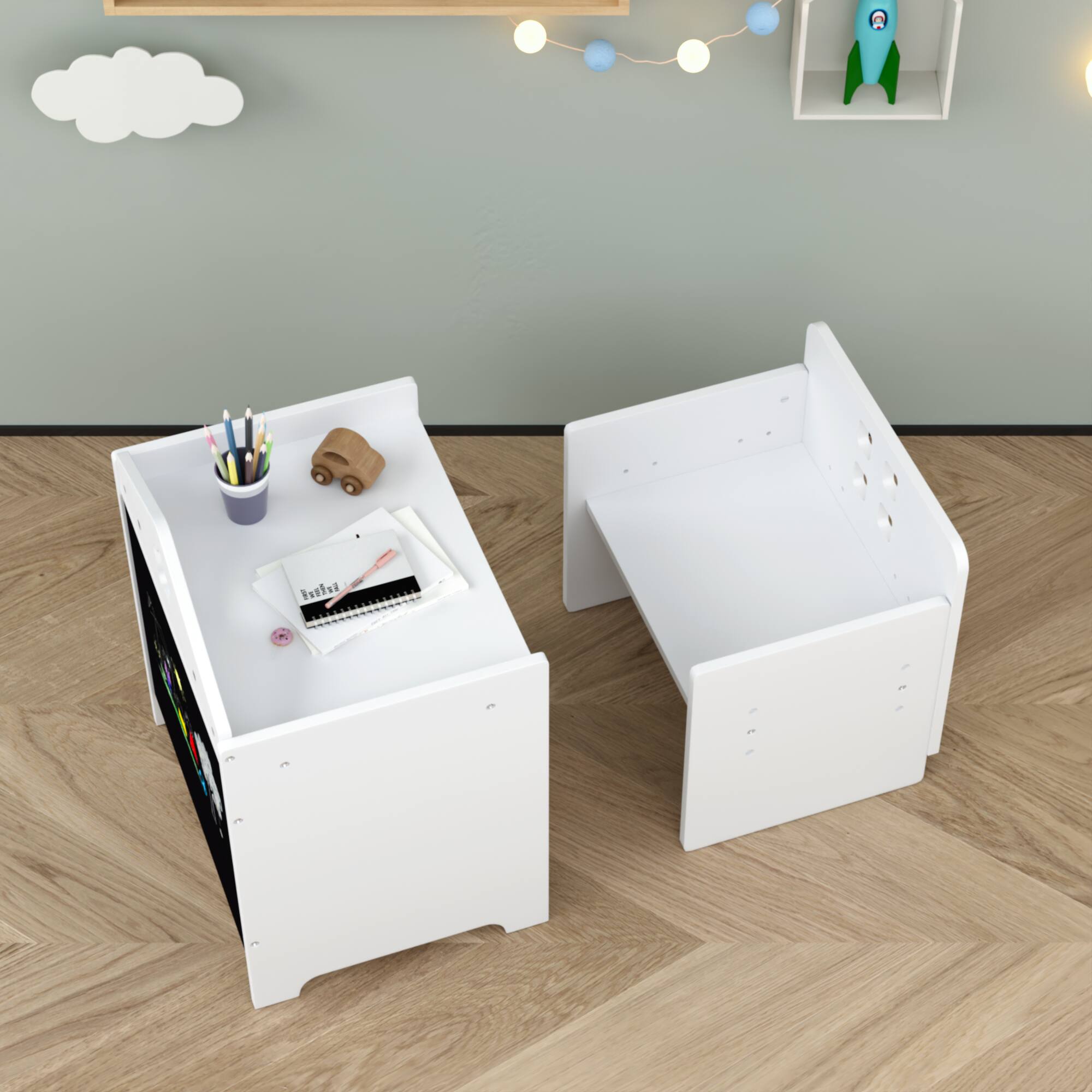 Alt View 6. Tiramisubest - Wooden Toddler Table and Chair Set,Kids Activity Table Step Stools with Blackboard & 3 Heights Adjustable - White.