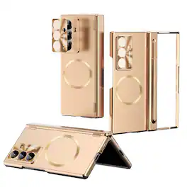 Dteck - For Samsung Galaxy Z Fold8 Ultra Rugged Shockproof Magnetic Case 2 Hinge Cover with Stylus and Screen Protector Included - Gold