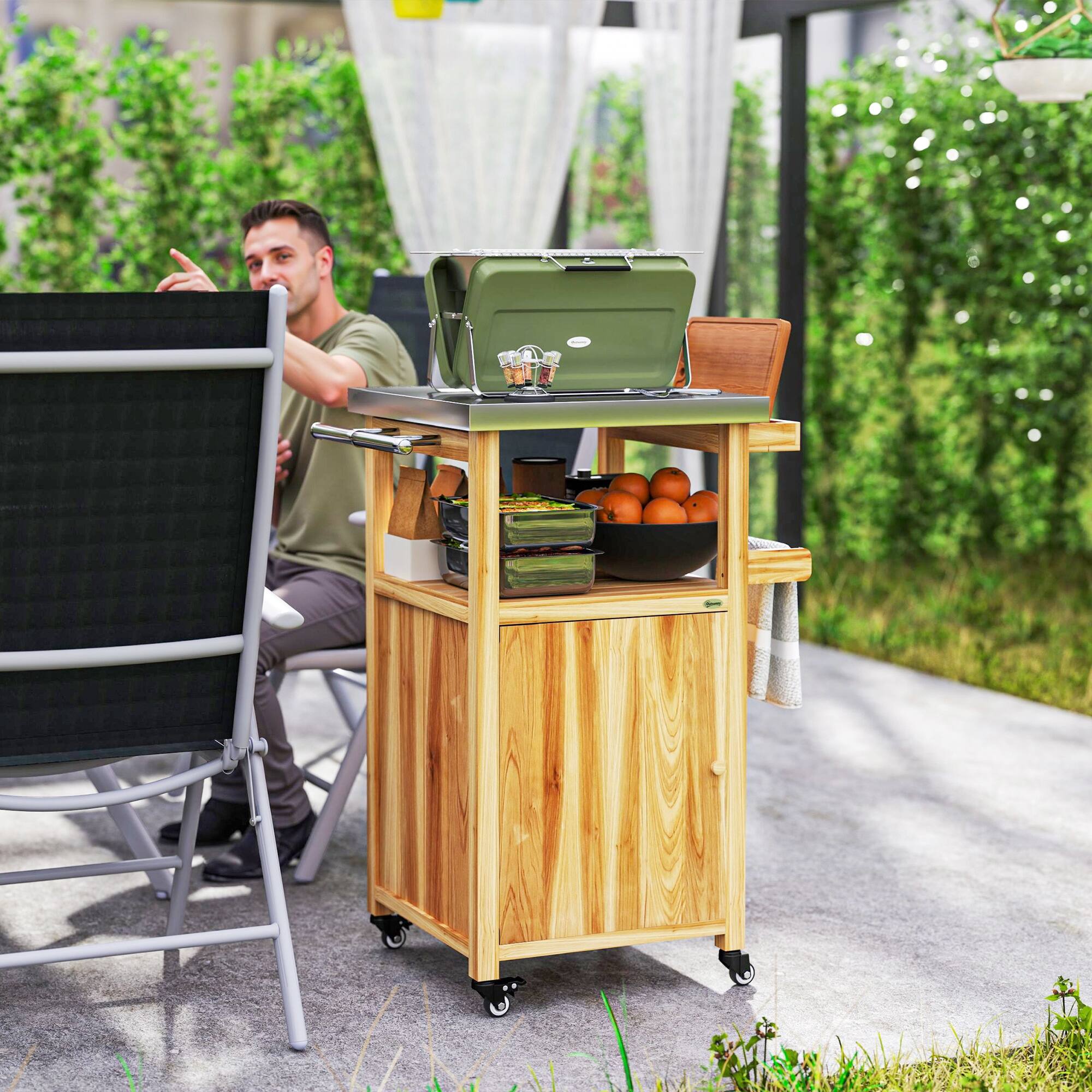 Alt View 1. Outsunny - Grill Cart w/ Stainless Steel Top, Solid Wood Outdoor Kitchen Island w/ Wheels, Integrated Hole - Natural Wood.