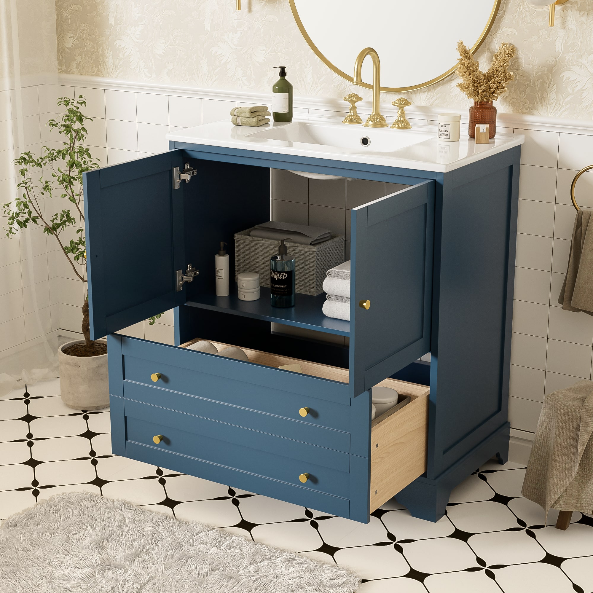 Tiramisubest - 30" Bathroom Vanity with Ceramic Sink Combo, Modern Storage Cabinet with Gold Handles, Soft Closing Doors - Blue