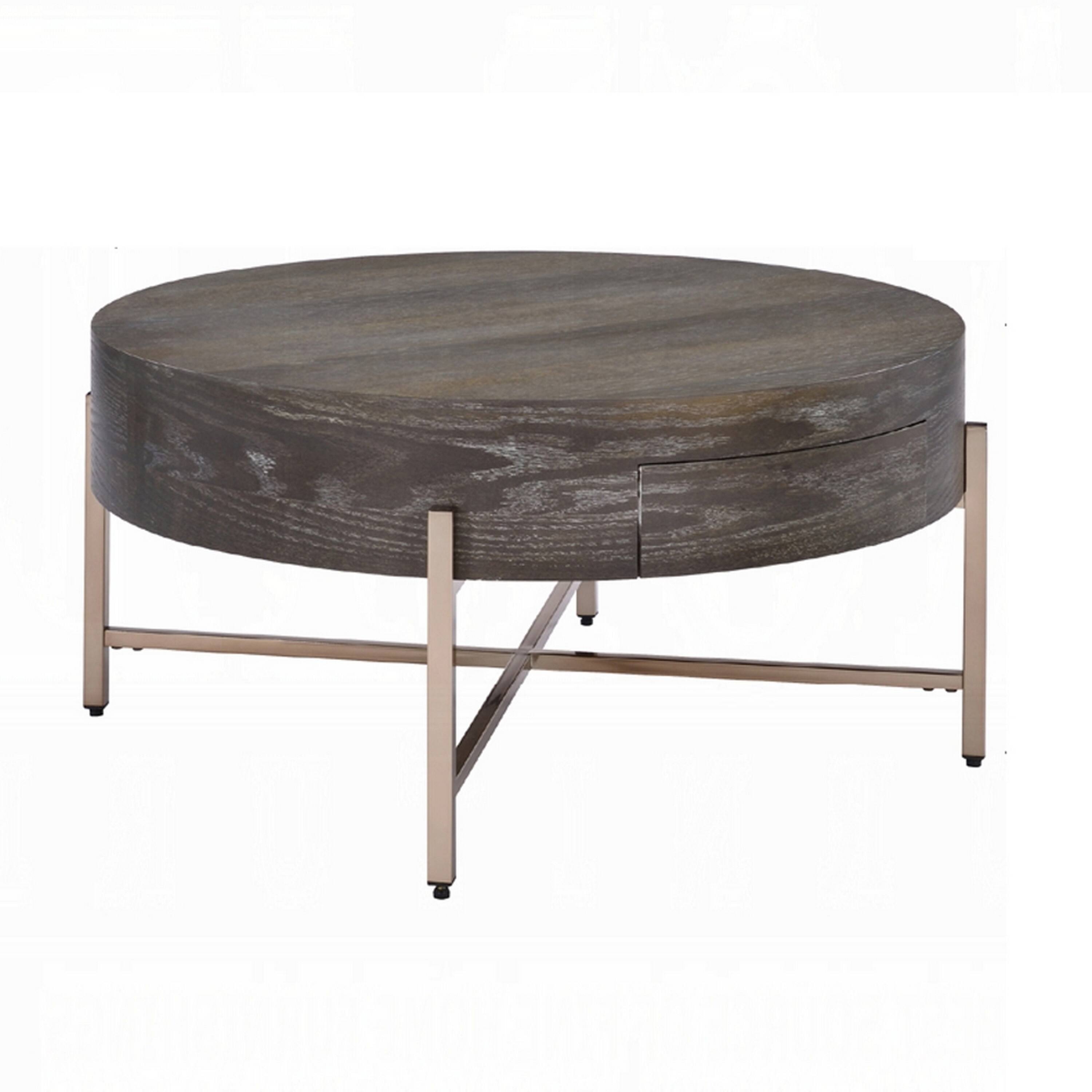 Alt View 1. Manhattan Lane - 1 Drawer Round Modern Coffee Table with Crossed Metal Legs - Brown, Gold.