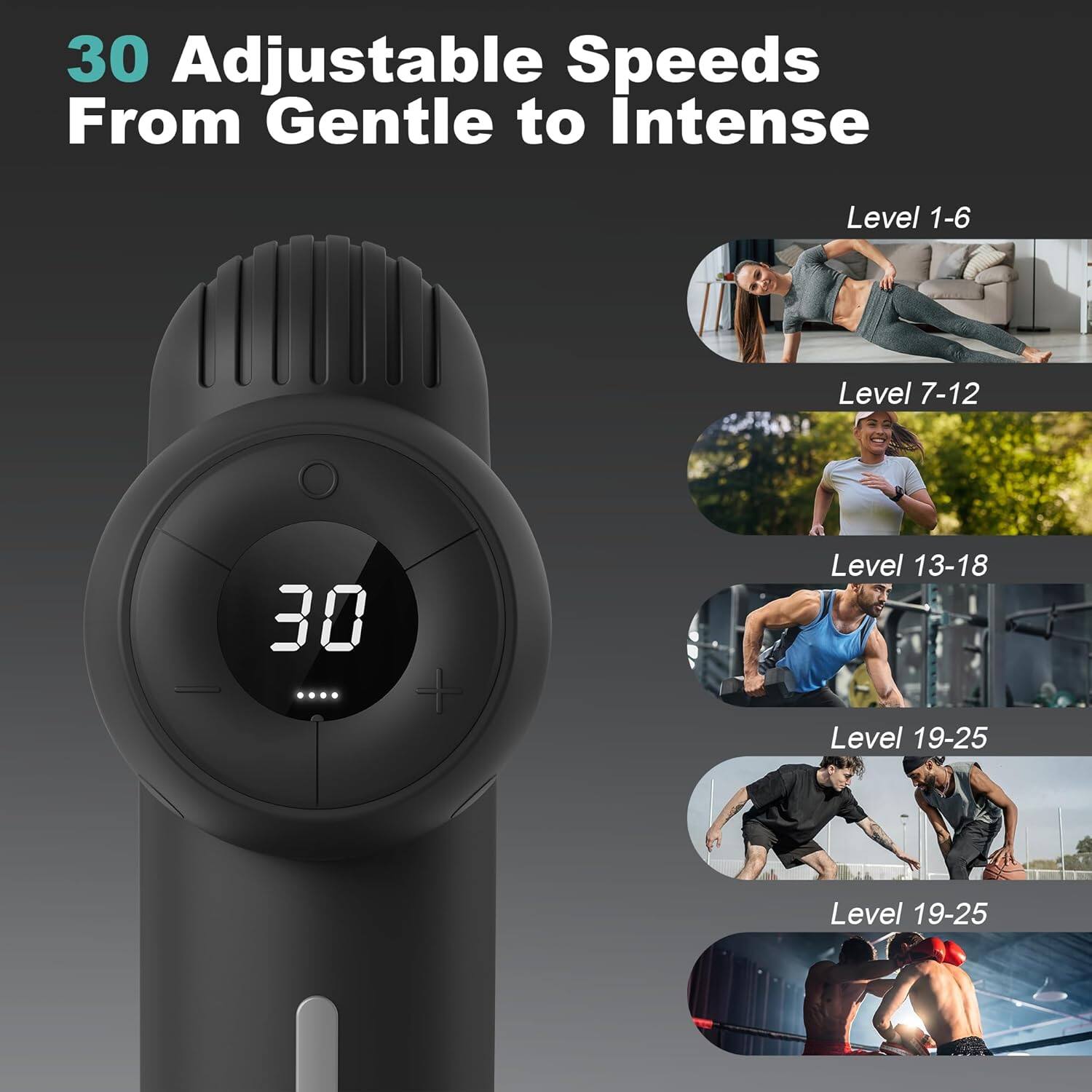 30 Adjustable Speeds From Gentle to Intense

Level 1-6  
Level 7-12  
Level 13-18  
Level 19-25  
Level 19-25