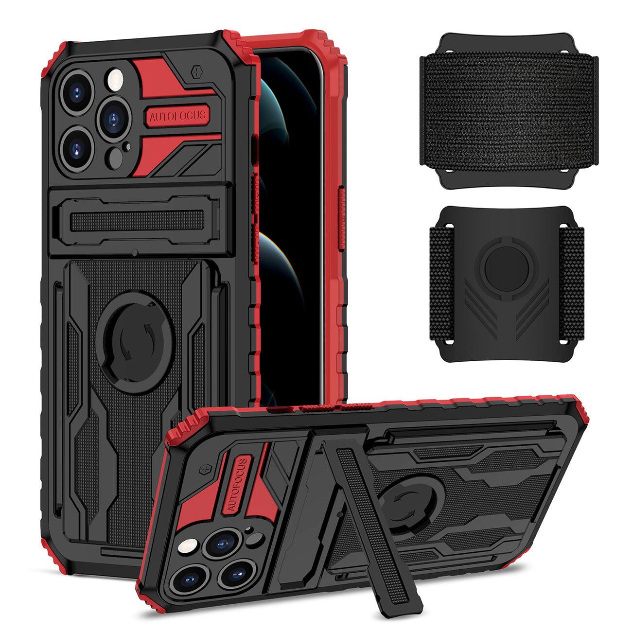 Reiko - High Elastic Plastic Iphone 12 Pro Case With Kickstand, Sports Mobile Wristband And Card Slot In - Red