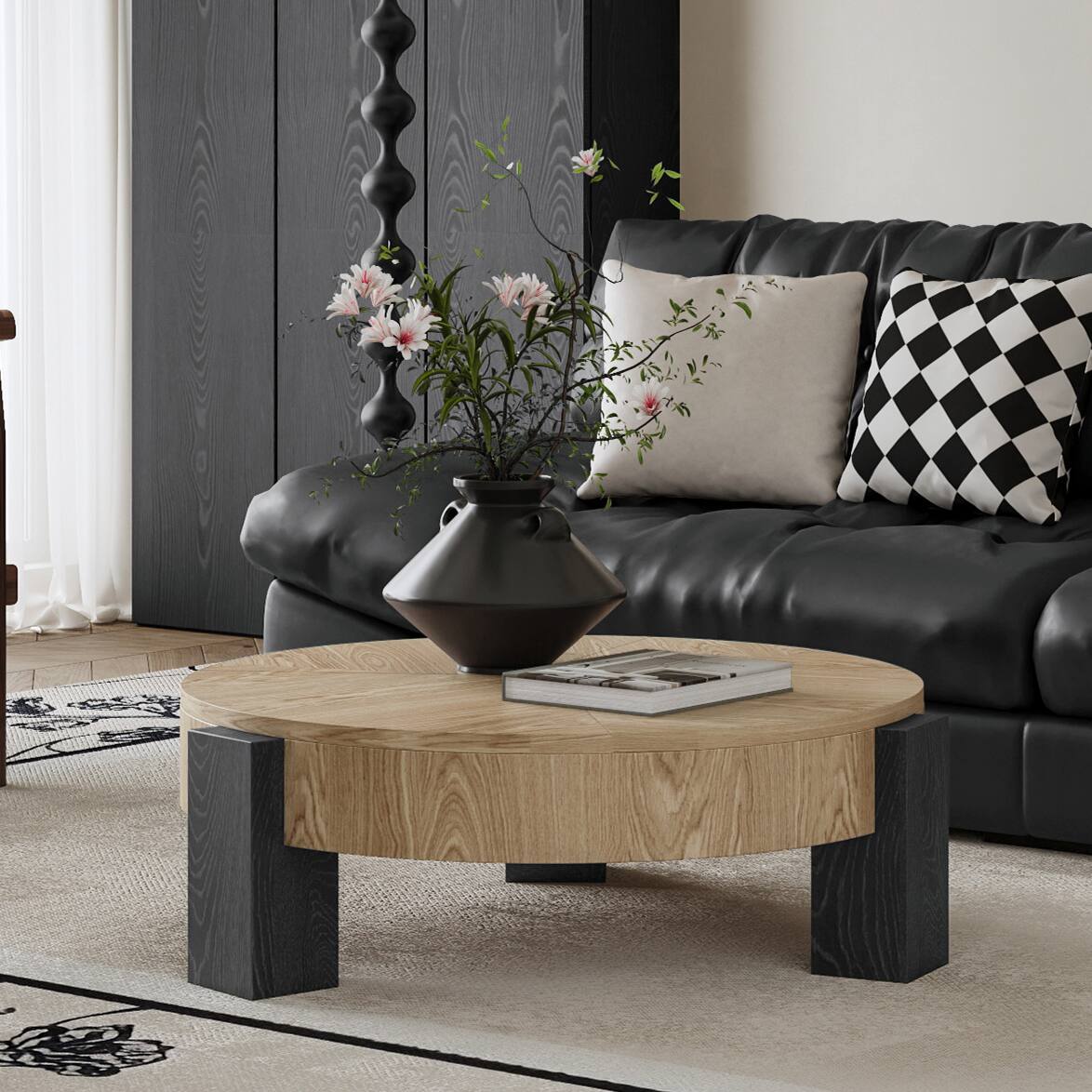 Left. Loheer - Loheer 33 Inch Round Coffee Table Hidden Storage Wabi Sabi Wood Parquet Veneer Center Table for Living Room - Matte Black,Natural Wood.