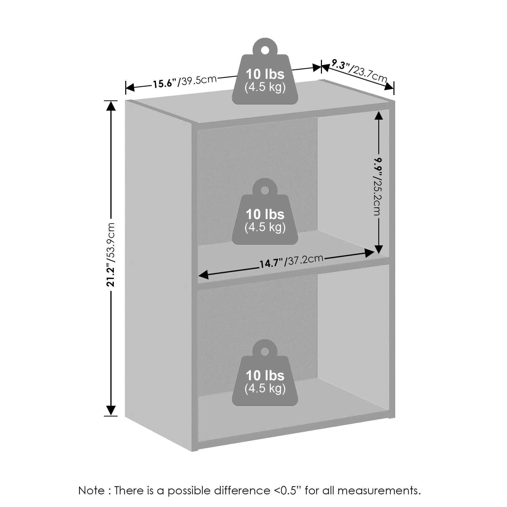 15.6" / 39.5cm  
9.3" / 23.7cm  
21.2" / 53.9cm  
14.7" / 37.2cm  
9.9" / 25.2cm  

10 lbs (4.5 kg)  
10 lbs (4.5 kg)  
10 lbs (4.5 kg)  

Note: There is a possible difference <0.5" for all measurements.
