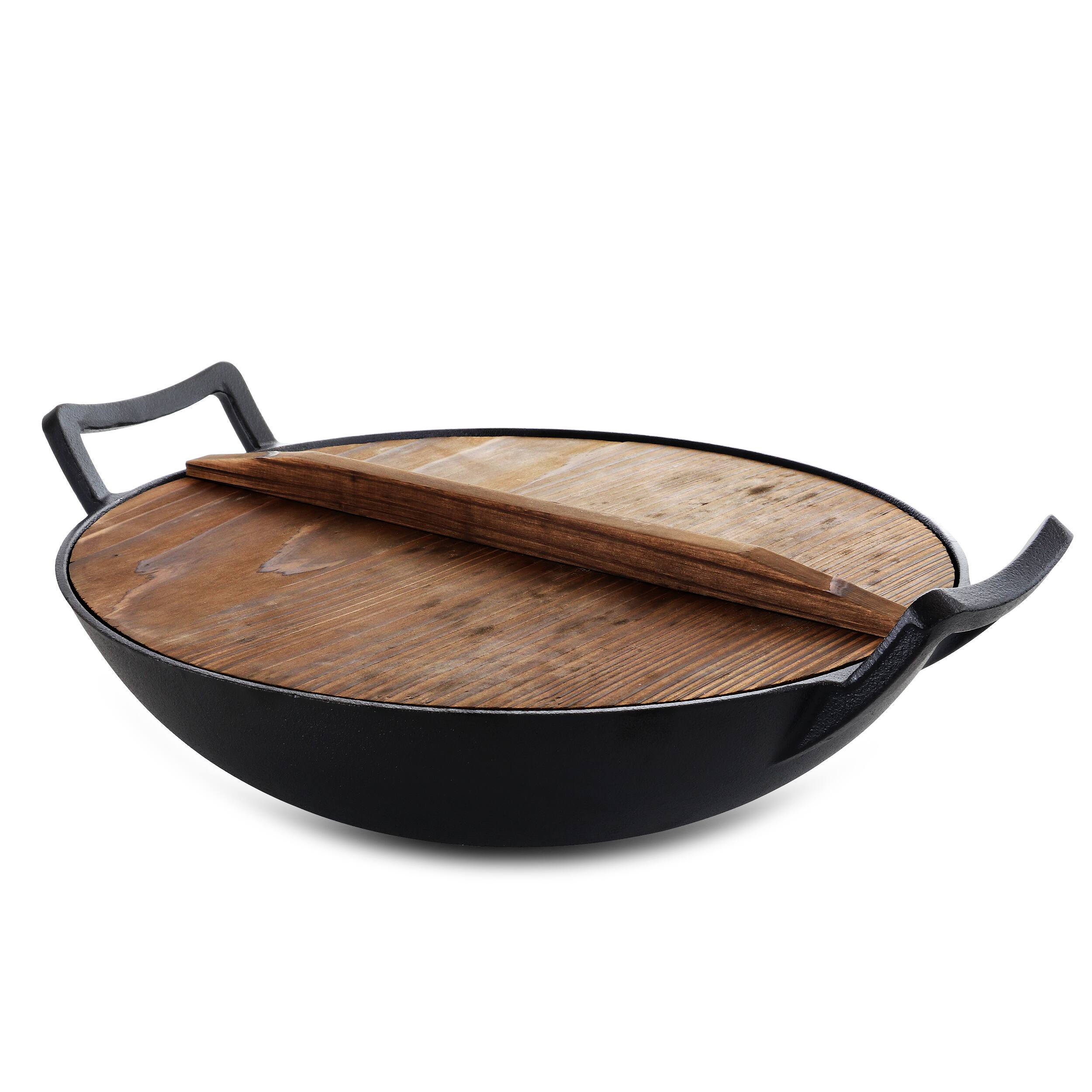 Alt View 5. MegaChef - MegaChef 2 Piece 14 Inch Heavy Duty Cast Iron Wok with Wood Lid - Black.