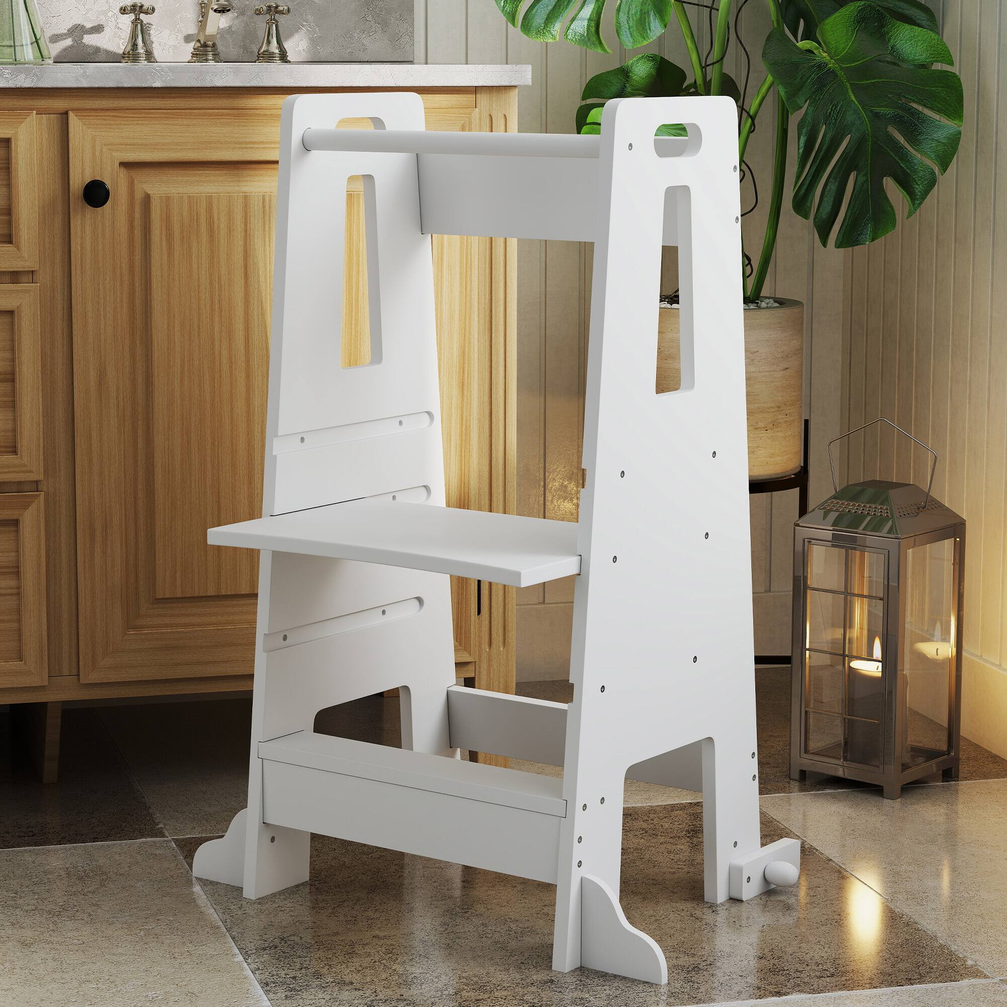 Alt View 4. Qaba - Toddler Tower, Safety Rail, Adjustable Height Kitchen Stool Helper, Handlbar, Step Stool, 3-6 Years, Bathroom, Sink - White.