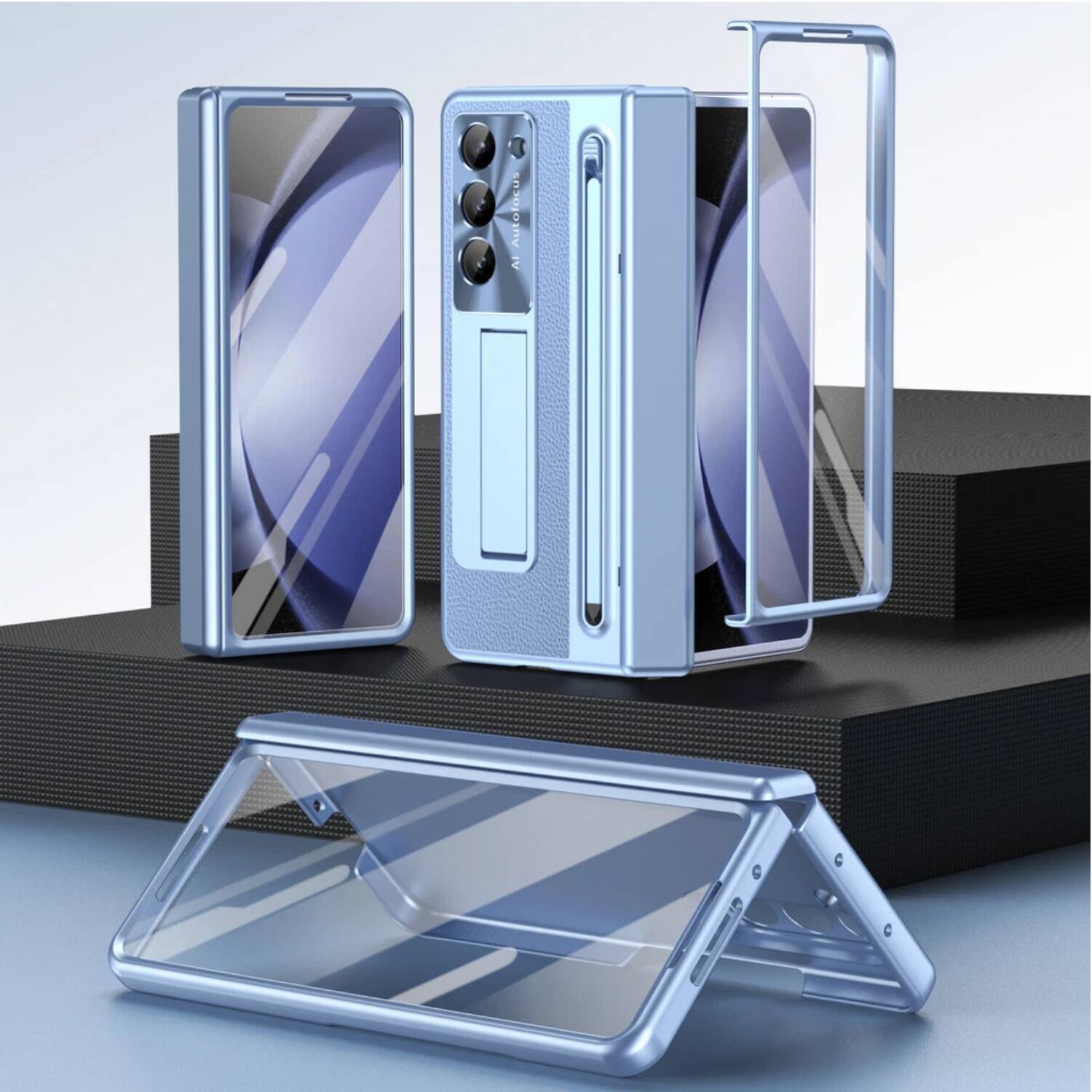 Angle. Stock Preferred - Hinge Stand Case with Screen Protector & Slim Stylus  For Samsung Galaxy Z Fold7- Blue - Blue.