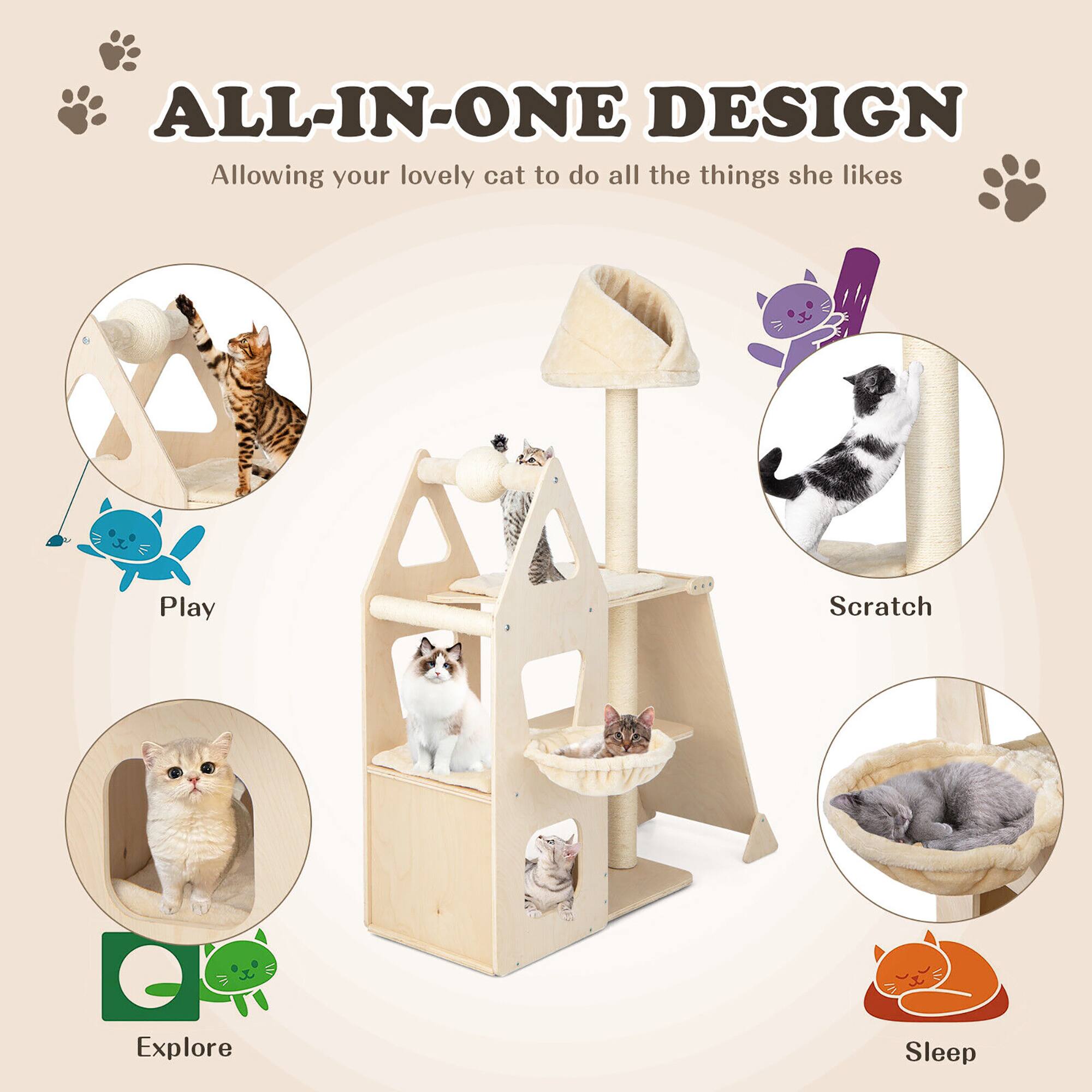 ALL-IN-ONE DESIGN  
Allowing your lovely cat to do all the things she likes

- Play
- Explore
- Scratch
- Sleep