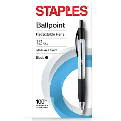 STAPLES Ballpoint Retractable Pens
12 Qty
Medium 1.0 mm
Black
100% SATISFACTION GUARANTEED